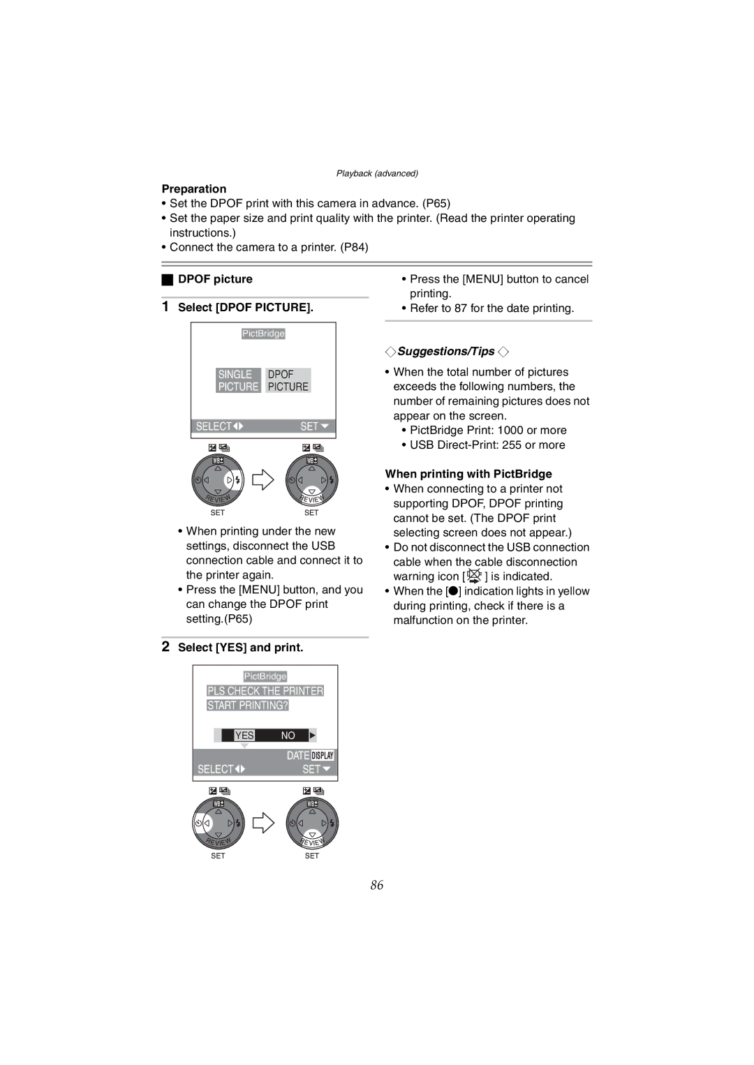 Panasonic DMC-LC70GN, DMC-LC80GN Dpof picture, Select Dpof Picture, Select YES and print, When printing with PictBridge 