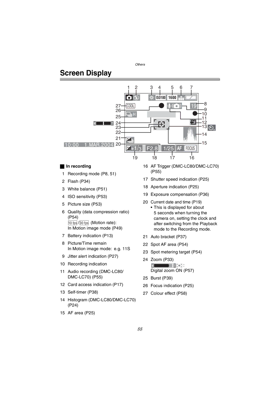 Panasonic DMC-LC50GN, DMC-LC80GN, DMC-LC70GN operating instructions Screen Display, Recording 