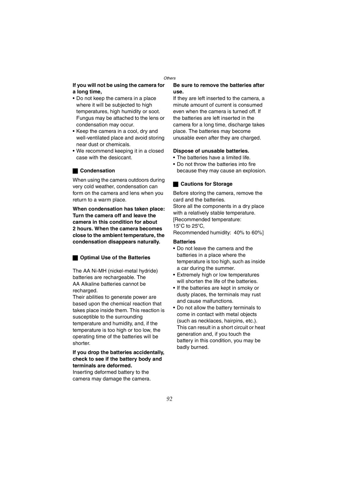 Panasonic DMC-LC70GN If you will not be using the camera for a long time, Condensation, Optimal Use of the Batteries 