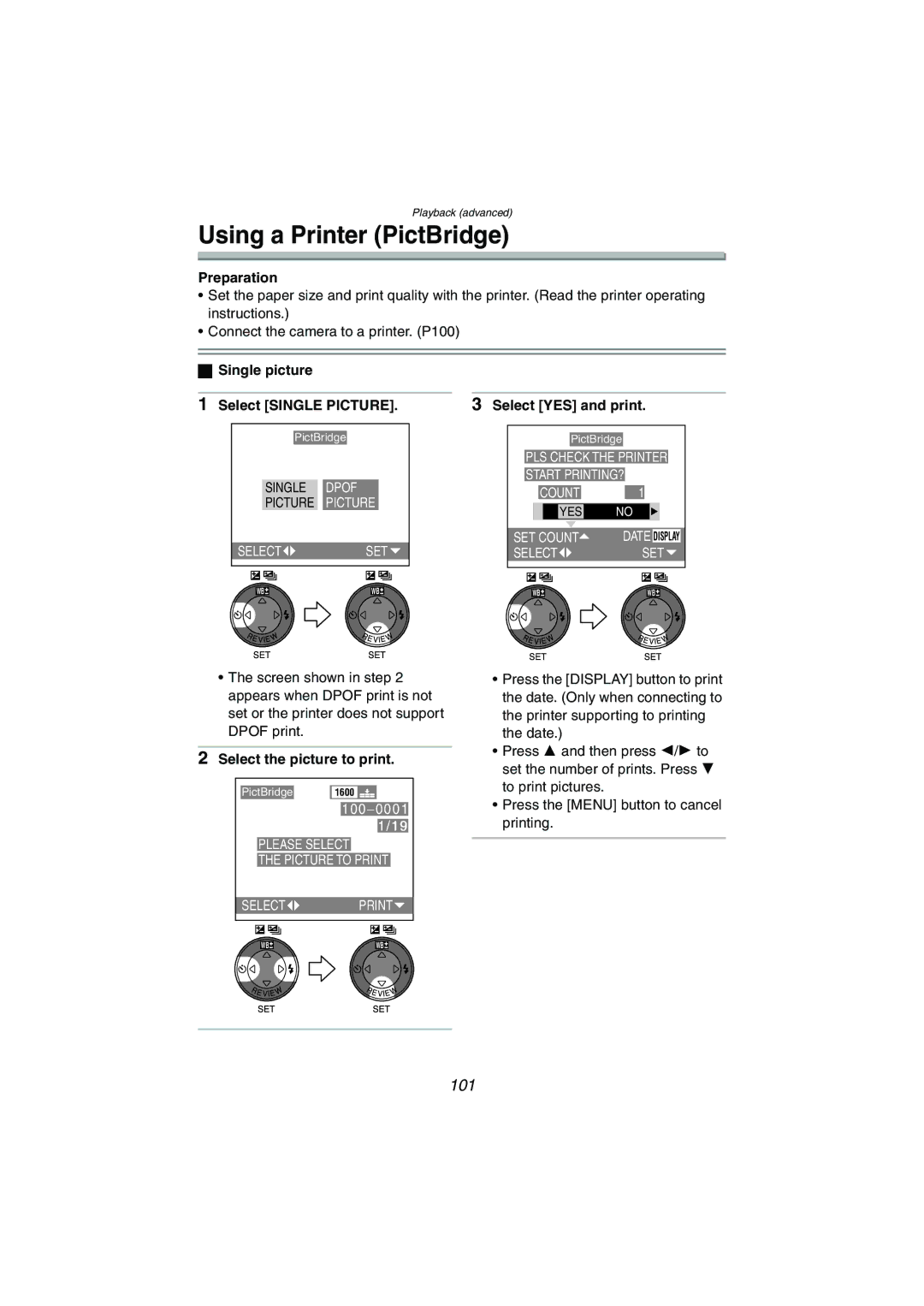 Panasonic DMC-LC70PP, DMC-LC80PP Using a Printer PictBridge, Single picture, Select Single Picture Select YES and print 