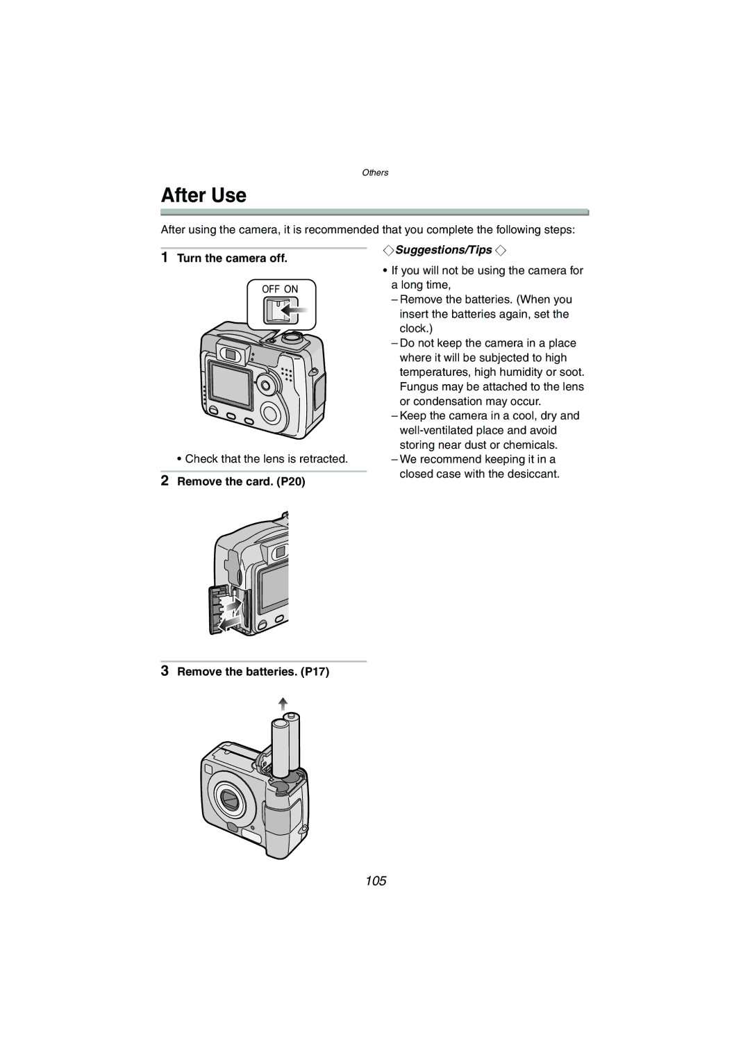 Panasonic DMC-LC80PP, DMC-LC50PP After Use, Turn the camera off, Remove the card. P20, Remove the batteries. P17 