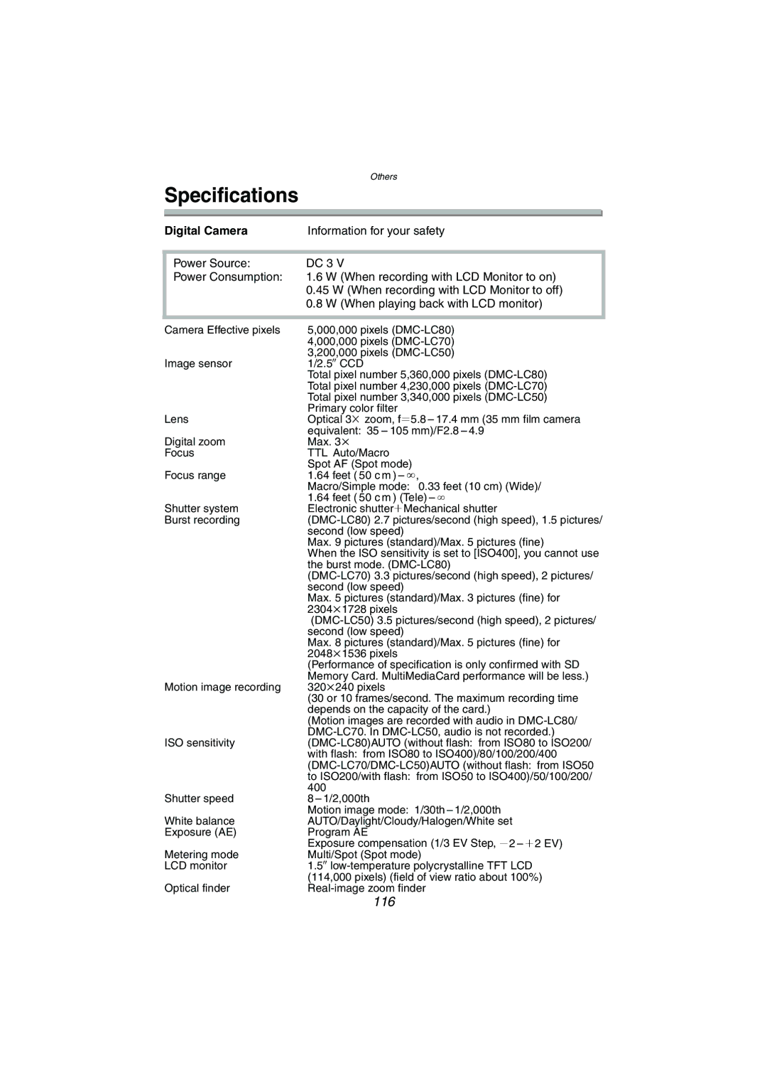 Panasonic DMC-LC70PP, DMC-LC80PP, DMC-LC50PP operating instructions Specifications, Digital Camera 