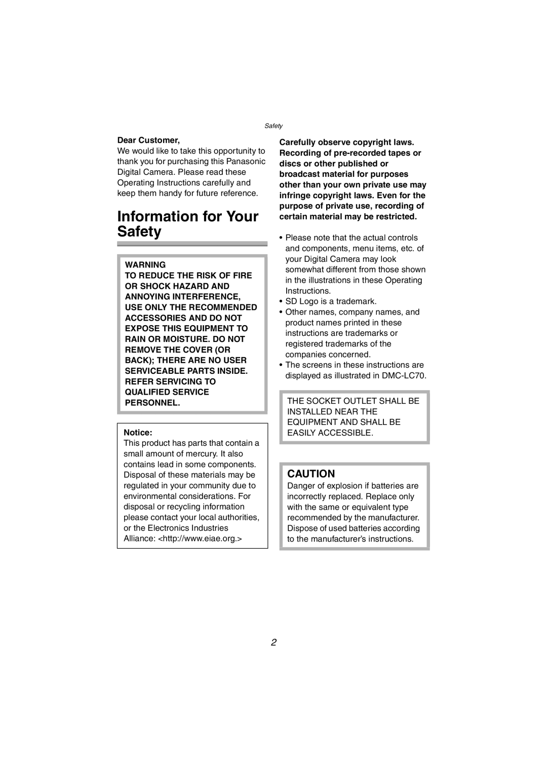 Panasonic DMC-LC70PP, DMC-LC80PP, DMC-LC50PP operating instructions Information for Your Safety, Dear Customer 