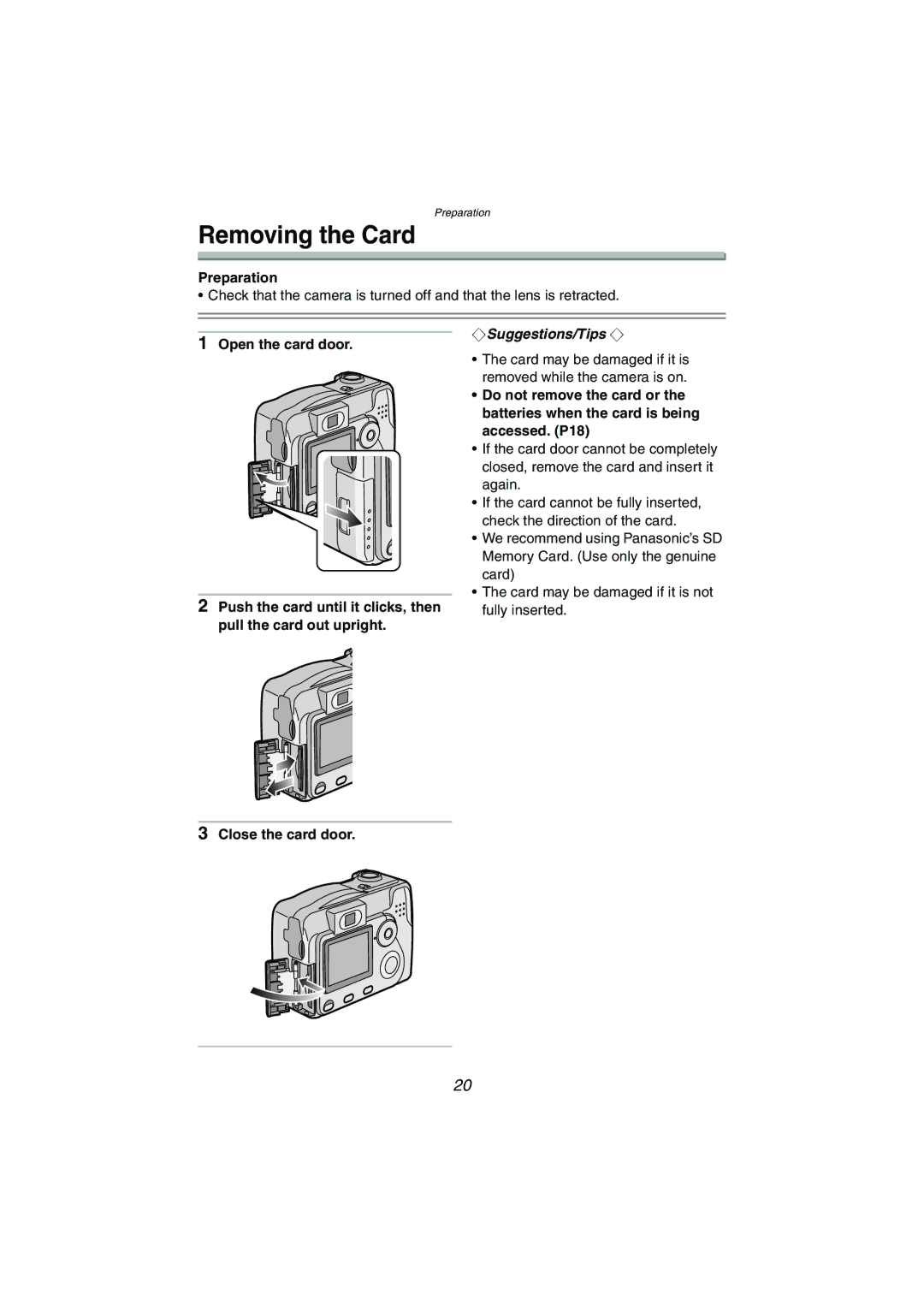 Panasonic DMC-LC70PP, DMC-LC80PP, DMC-LC50PP operating instructions Removing the Card 