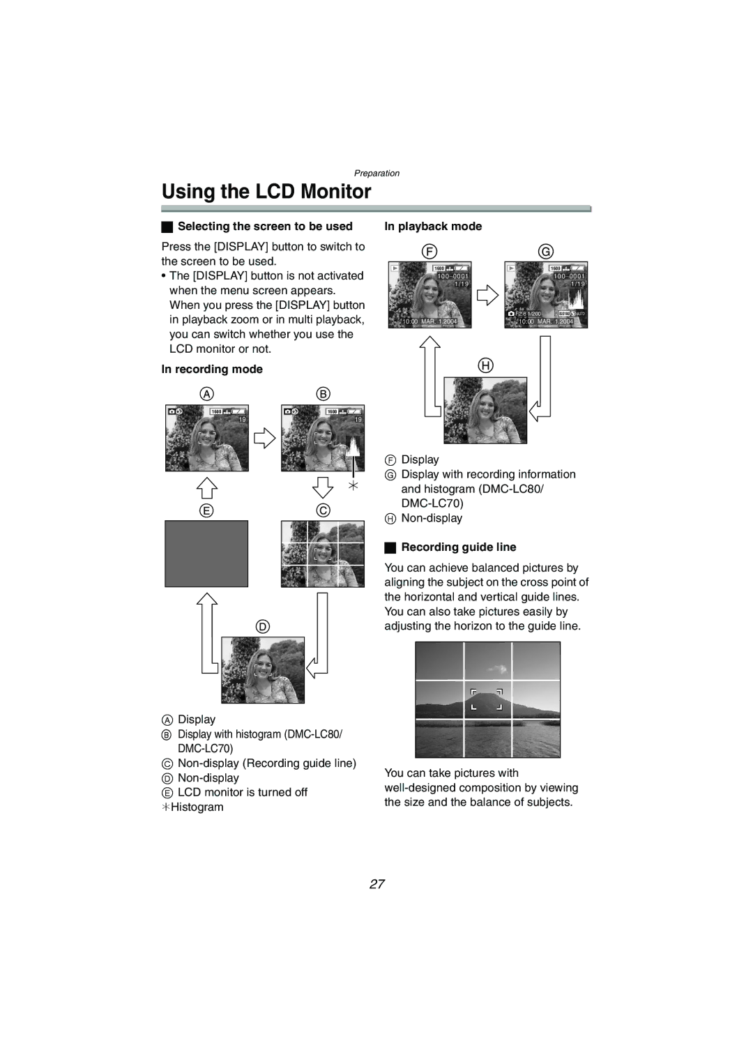 Panasonic DMC-LC80PP, DMC-LC50PP Using the LCD Monitor, Selecting the screen to be used, Recording mode Playback mode 