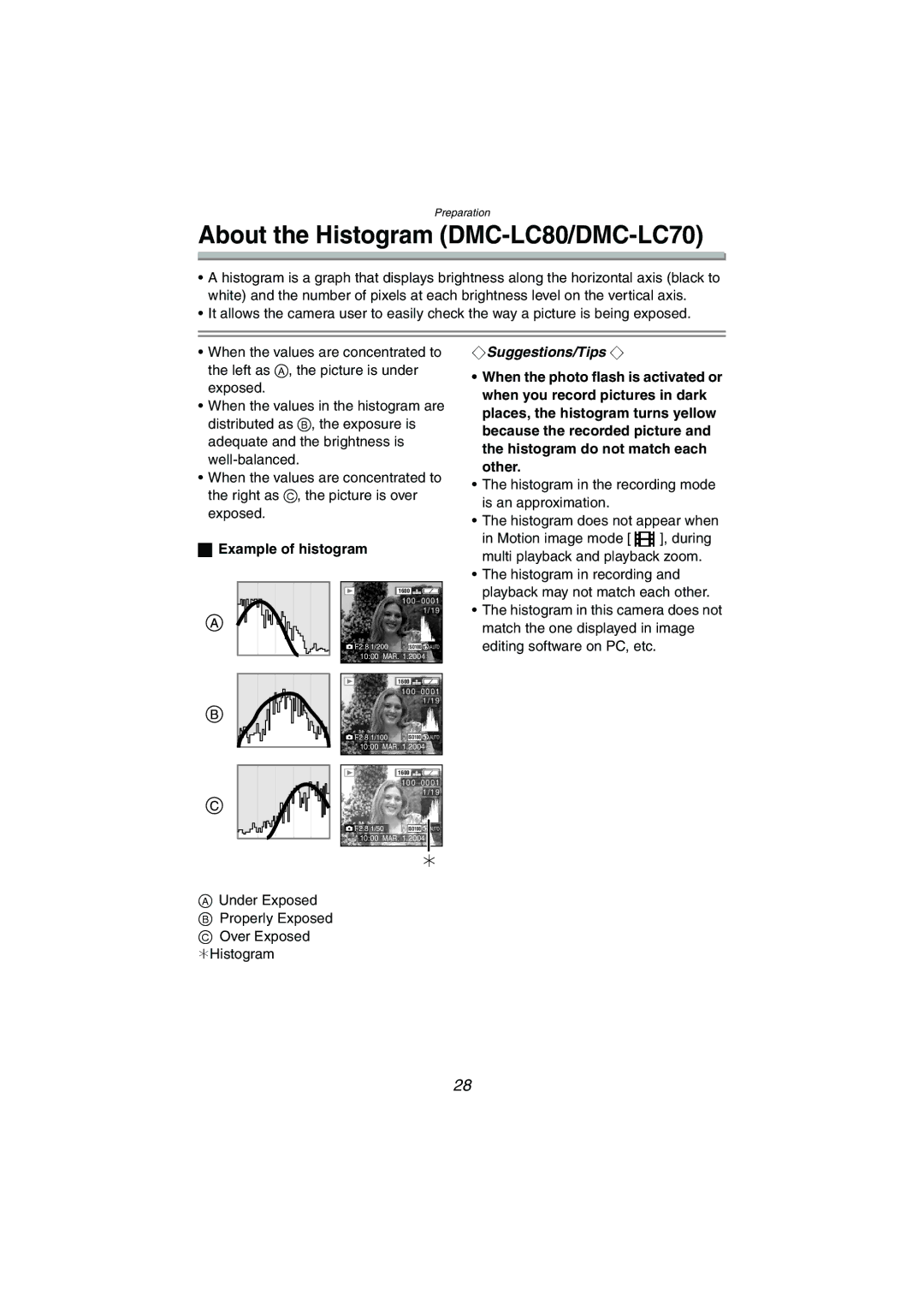 Panasonic DMC-LC50PP, DMC-LC80PP, DMC-LC70PP About the Histogram DMC-LC80/DMC-LC70, Example of histogram 