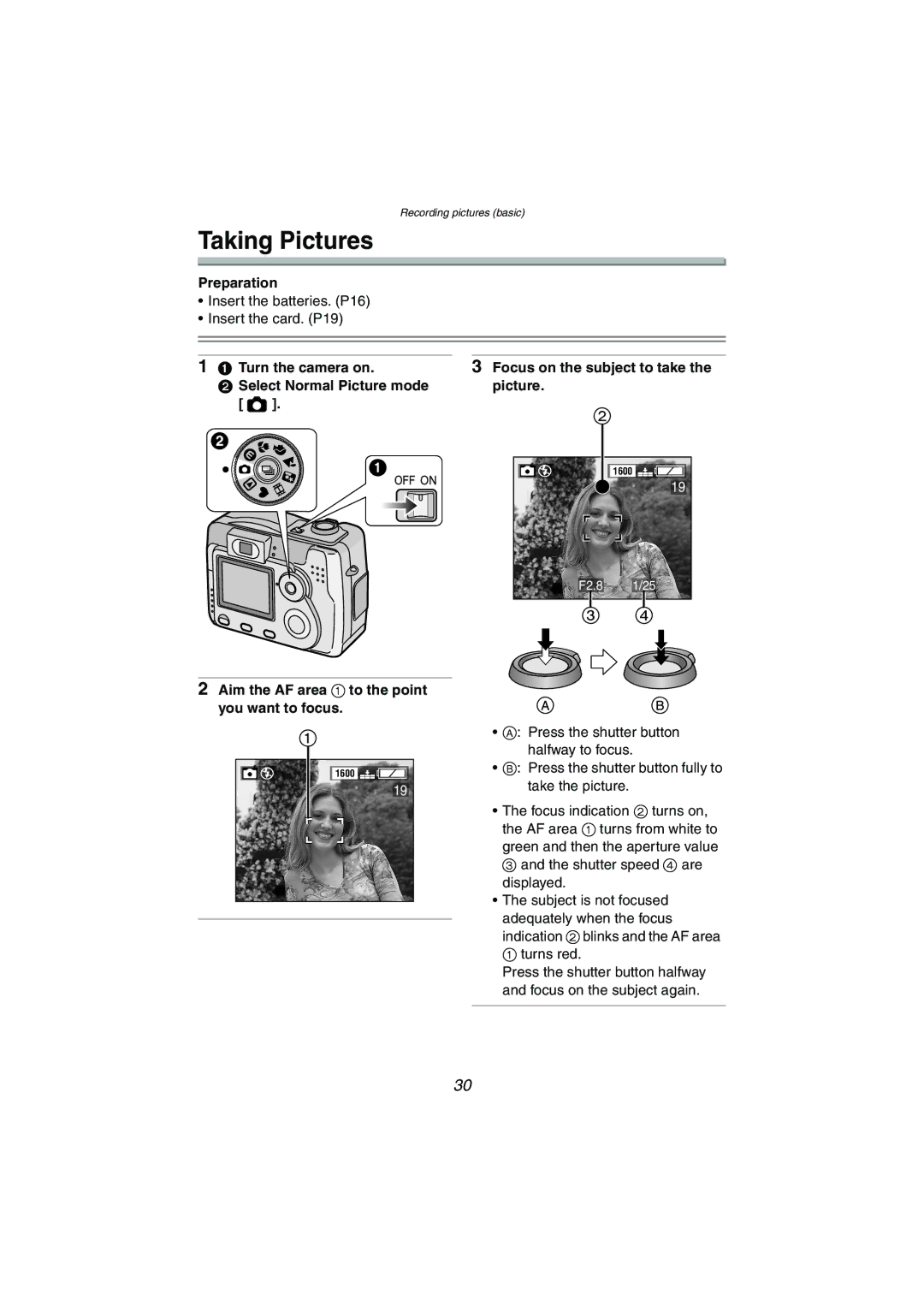 Panasonic DMC-LC80PP Taking Pictures, Select Normal Picture mode, Aim the AF area 1 to the point you want to focus 