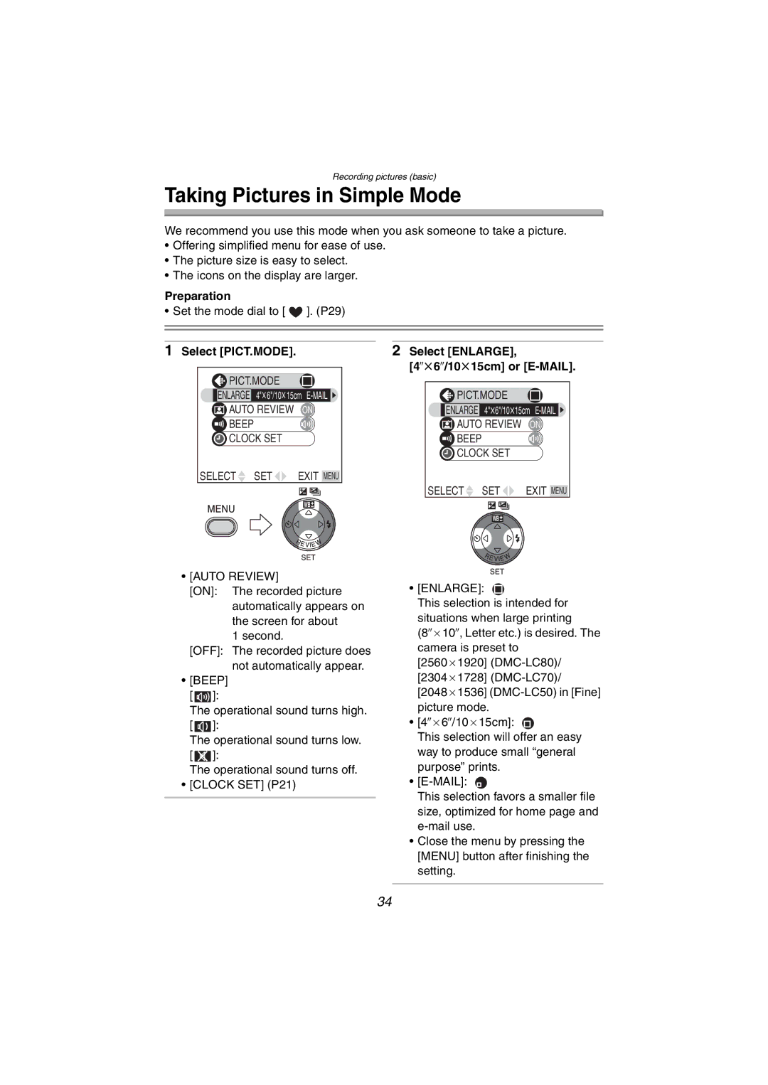 Panasonic DMC-LC50PP, DMC-LC80PP Taking Pictures in Simple Mode, Select PICT.MODE Select Enlarge 4qt6q/10t15cm or E-MAIL 