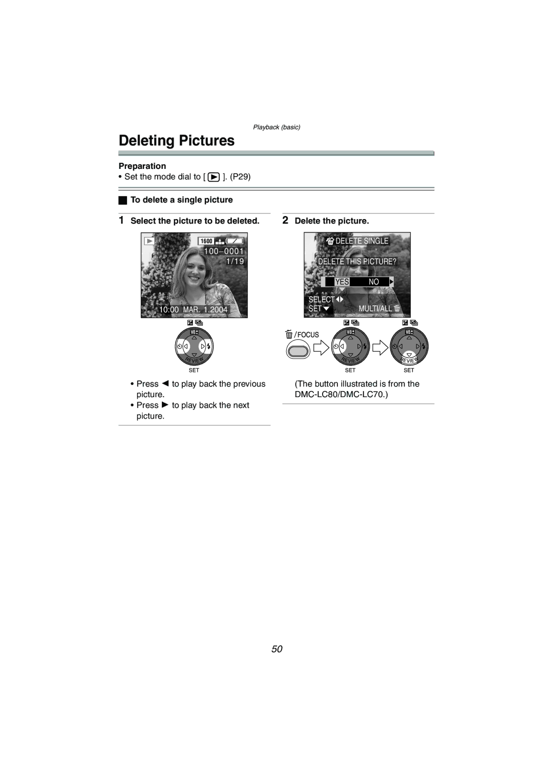 Panasonic DMC-LC70PP, DMC-LC80PP, DMC-LC50PP Deleting Pictures, To delete a single picture, Delete the picture 