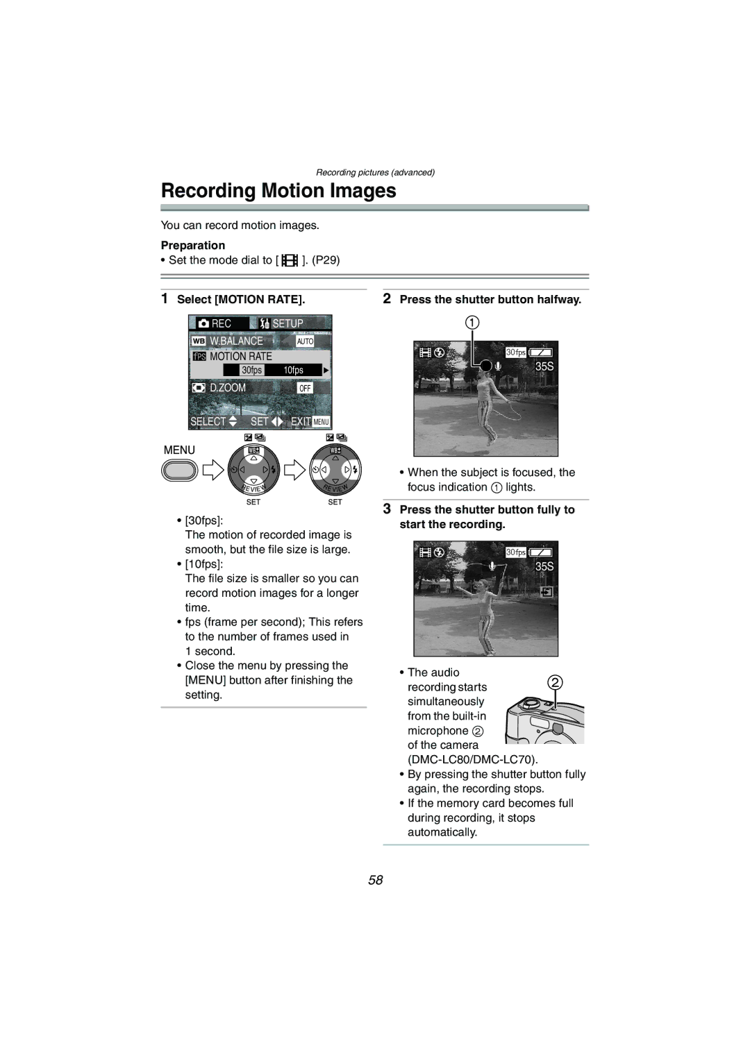 Panasonic DMC-LC50PP Recording Motion Images, Select Motion Rate, Press the shutter button fully to start the recording 