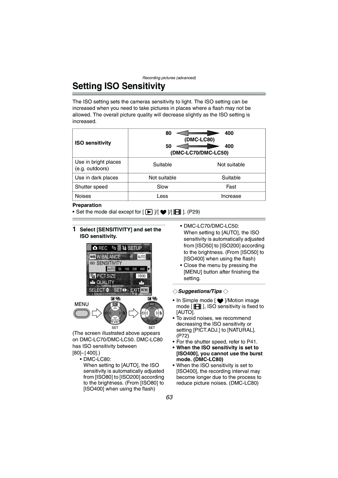 Panasonic DMC-LC80PP, DMC-LC50PP, DMC-LC70PP operating instructions Setting ISO Sensitivity, ISO sensitivity DMC-LC80 400 