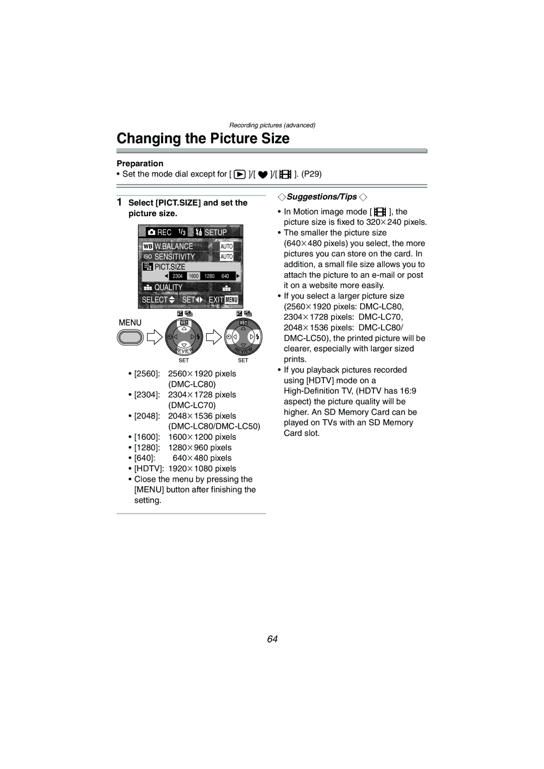 Panasonic DMC-LC50PP, DMC-LC80PP, DMC-LC70PP Changing the Picture Size, Select PICT.SIZE and set the picture size 