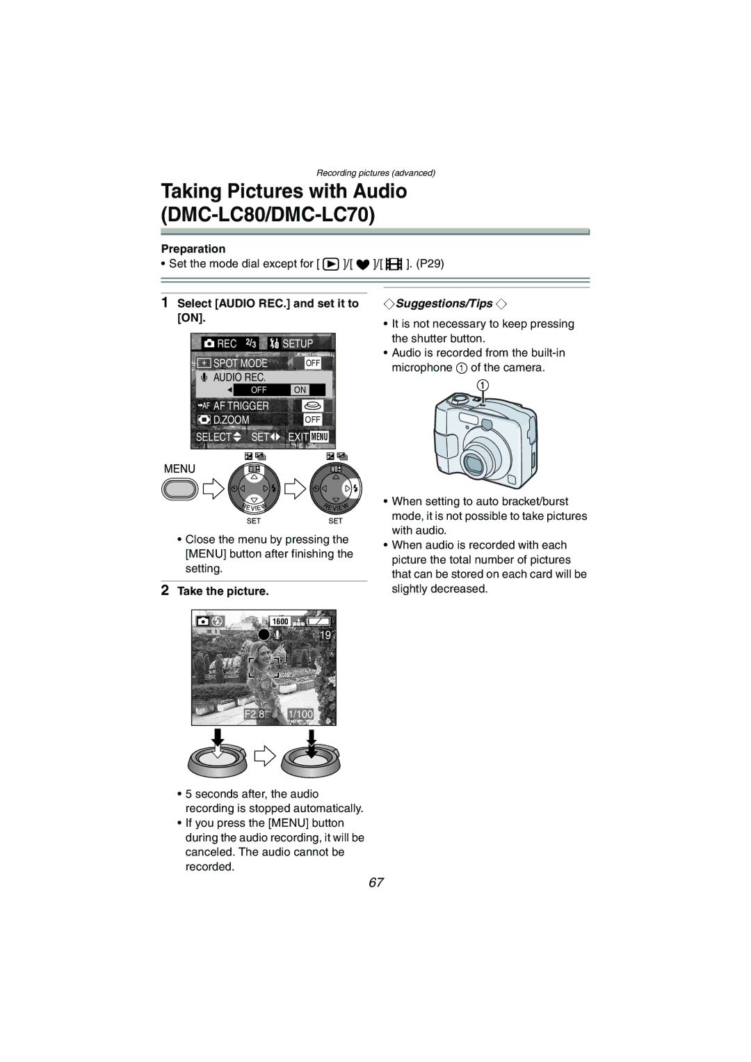 Panasonic DMC-LC50PP, DMC-LC80PP, DMC-LC70PP operating instructions Select Audio REC. and set it to on, Take the picture 