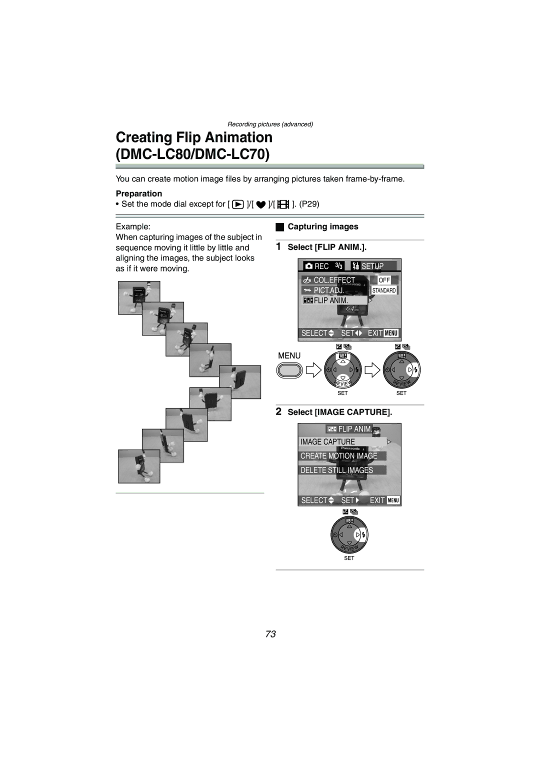 Panasonic DMC-LC50PP, DMC-LC80PP, DMC-LC70PP operating instructions Capturing images Select Flip Anim, Select Image Capture 