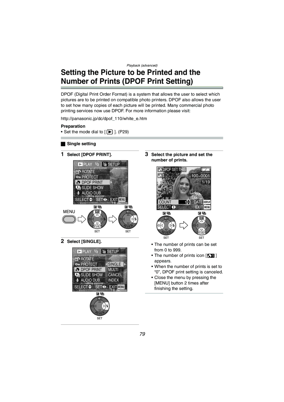 Panasonic DMC-LC50PP Single setting Select Dpof Print, Select Single, Select the picture and set the number of prints 