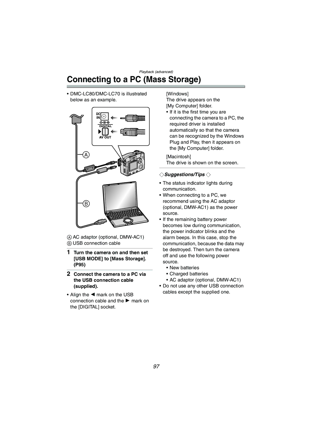 Panasonic DMC-LC50PP, DMC-LC80PP, DMC-LC70PP operating instructions Connecting to a PC Mass Storage 