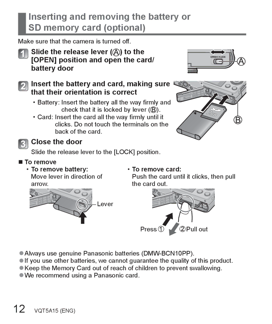 Panasonic DMC-LF1 owner manual Battery door, Close the door, To remove To remove battery To remove card 