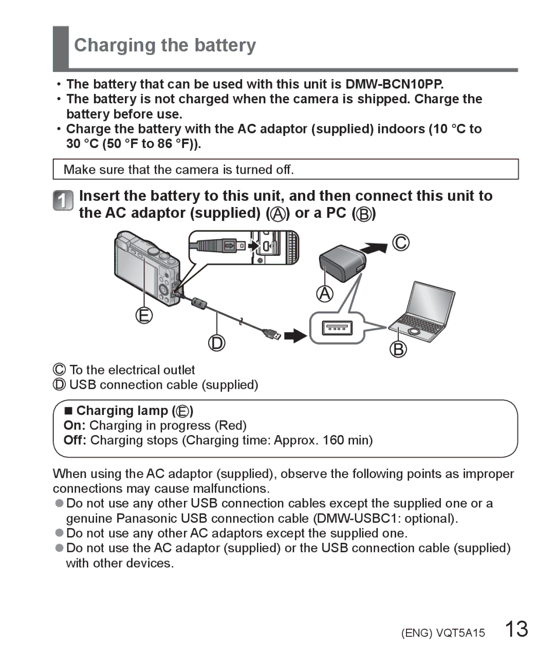 Panasonic DMC-LF1 owner manual Charging the battery, Charging lamp 