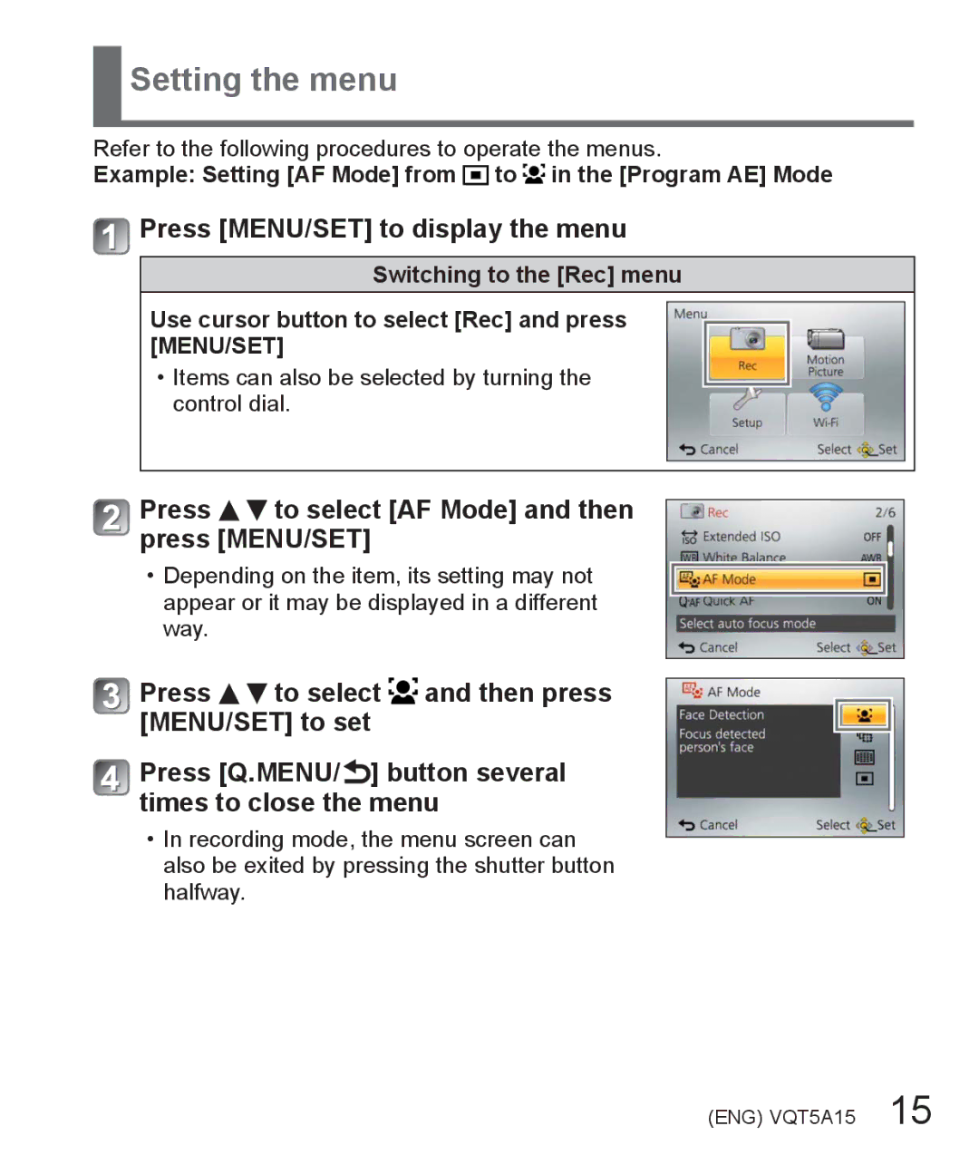 Panasonic DMC-LF1 Setting the menu, Press MENU/SET to display the menu, Press to select AF Mode and then press MENU/SET 