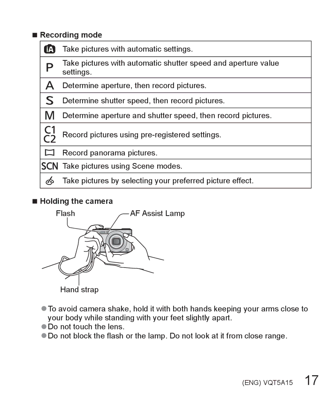 Panasonic DMC-LF1 owner manual Recording mode, Holding the camera 