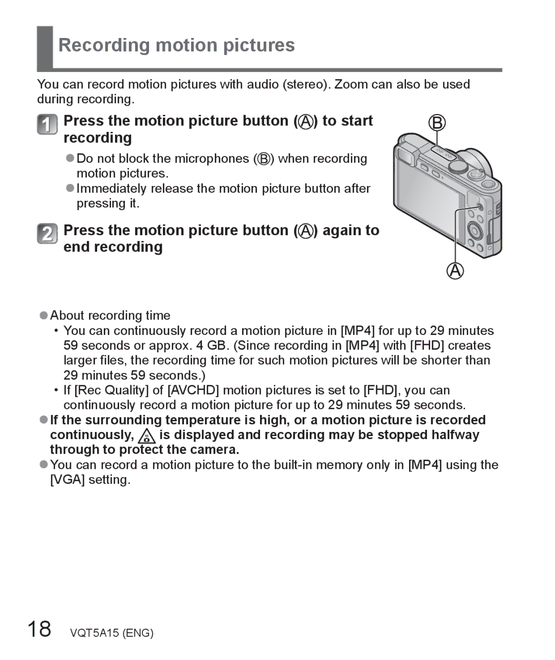 Panasonic DMC-LF1 owner manual Recording motion pictures, Press the motion picture button to start recording 