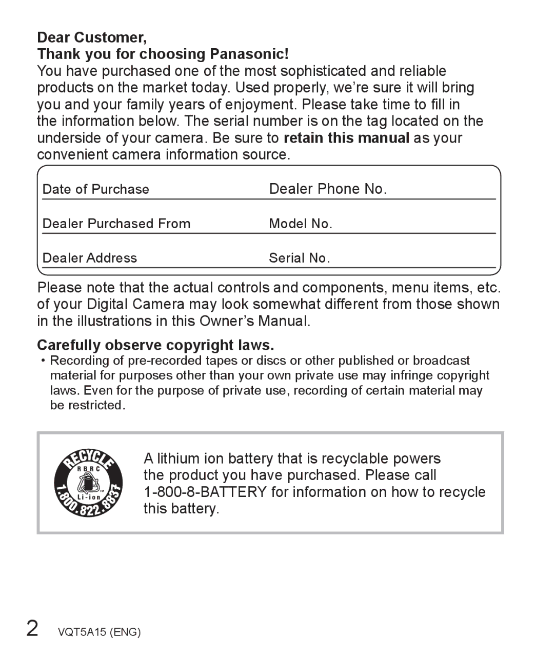 Panasonic DMC-LF1 owner manual Dear Customer Thank you for choosing Panasonic, Carefully observe copyright laws 