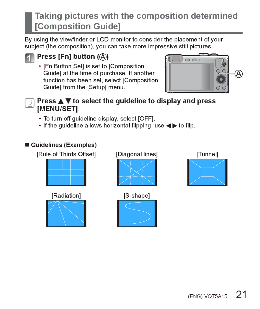 Panasonic DMC-LF1 Press Fn button, Press to select the guideline to display and press MENU/SET, Guidelines Examples 