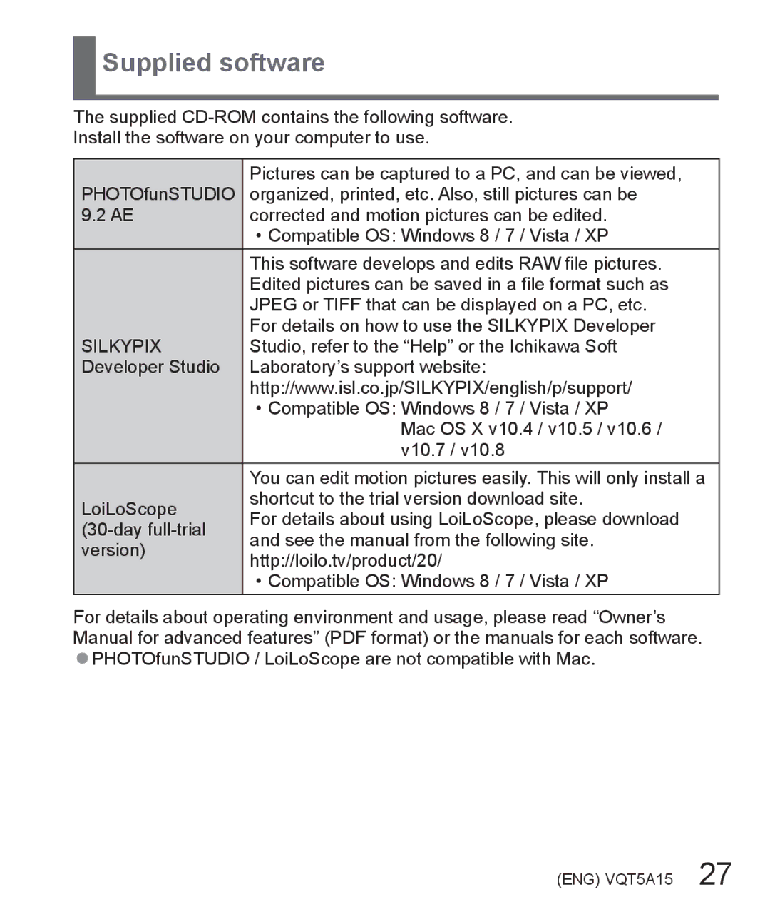 Panasonic DMC-LF1 owner manual Supplied software, Silkypix 