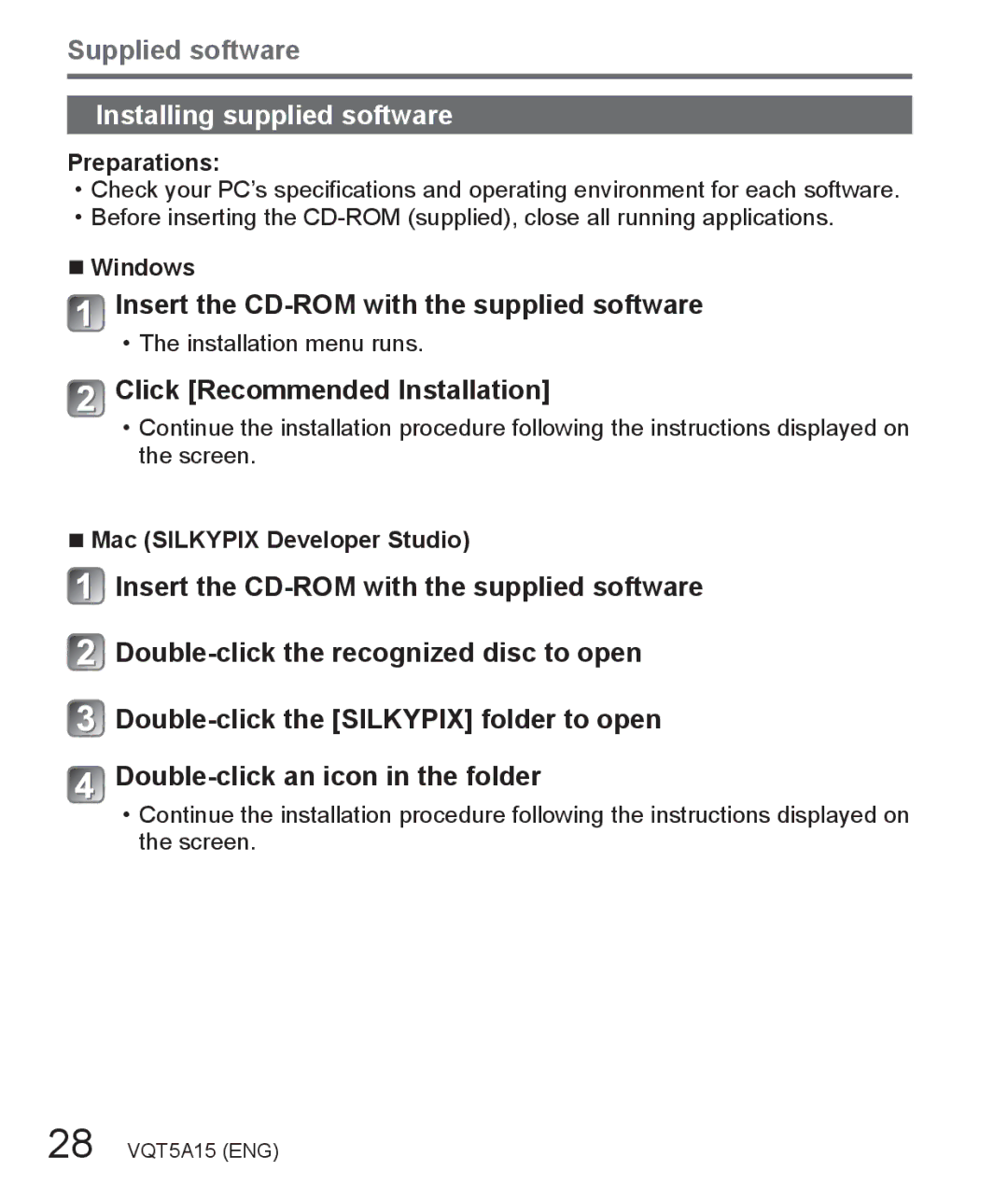 Panasonic DMC-LF1 Insert the CD-ROM with the supplied software, Click Recommended Installation, Preparations, Windows 