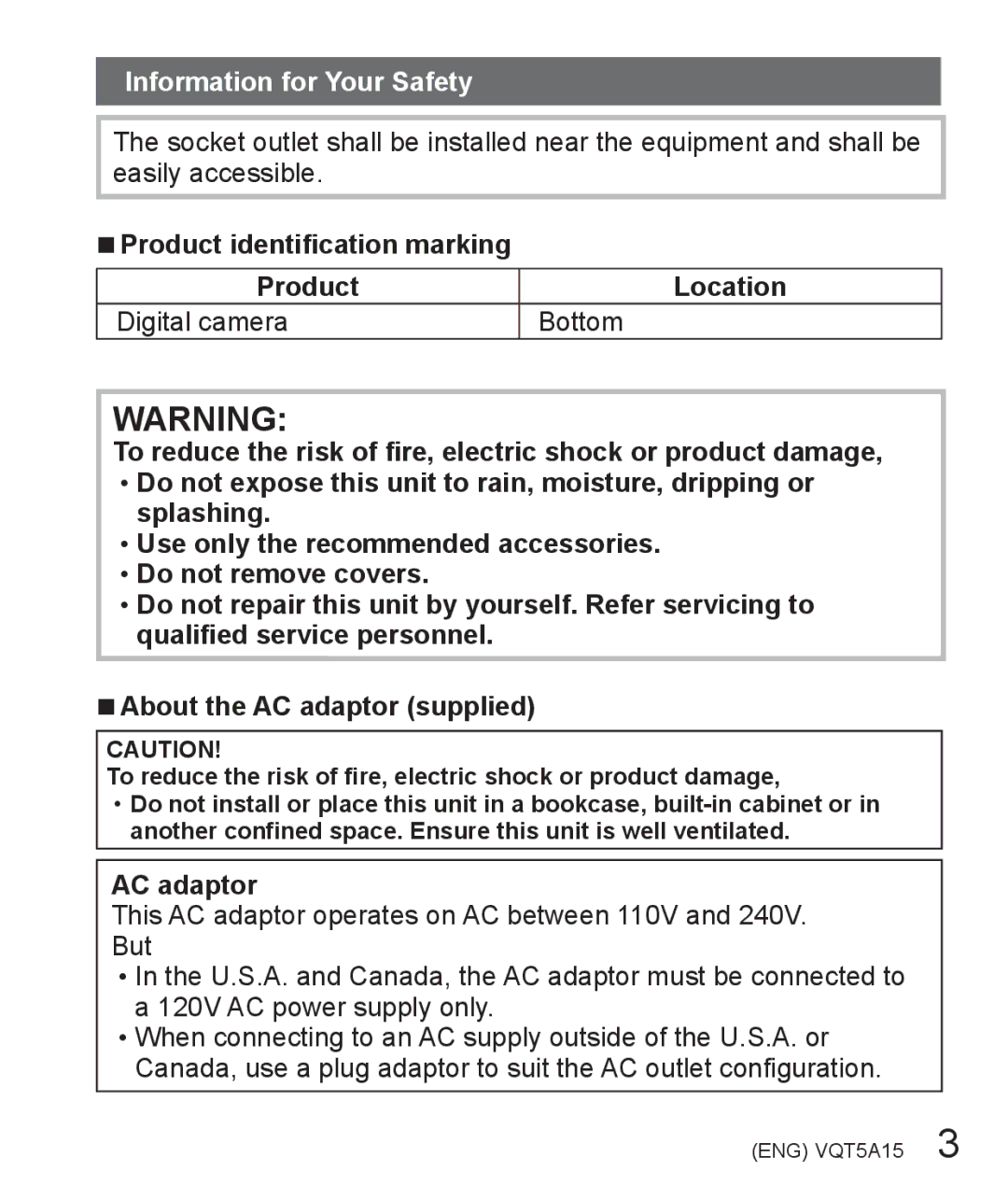 Panasonic DMC-LF1 owner manual Product identification marking Location, AC adaptor 