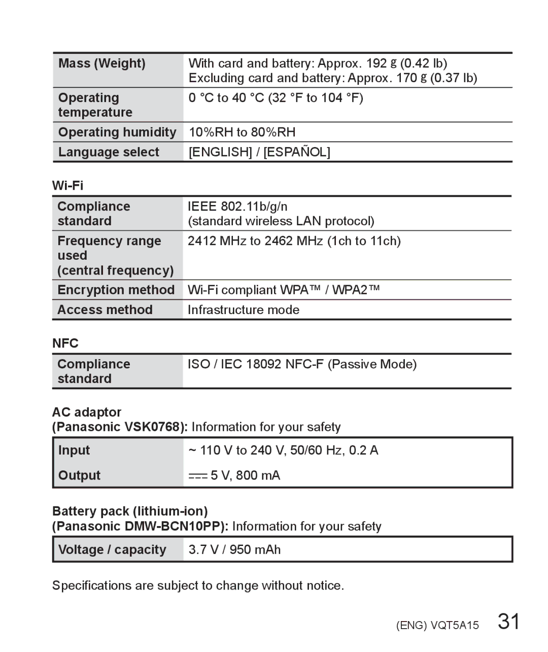 Panasonic DMC-LF1 owner manual English / Español, Voltage / capacity 3.7 V / 950 mAh 