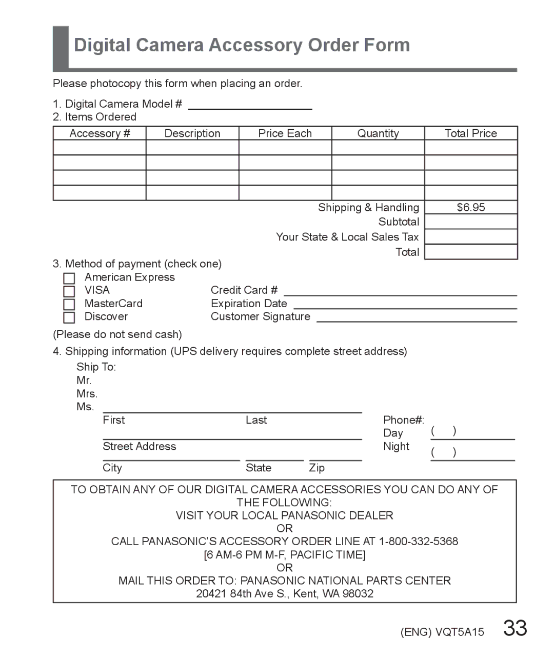 Panasonic DMC-LF1 owner manual Digital Camera Accessory Order Form, Visa 