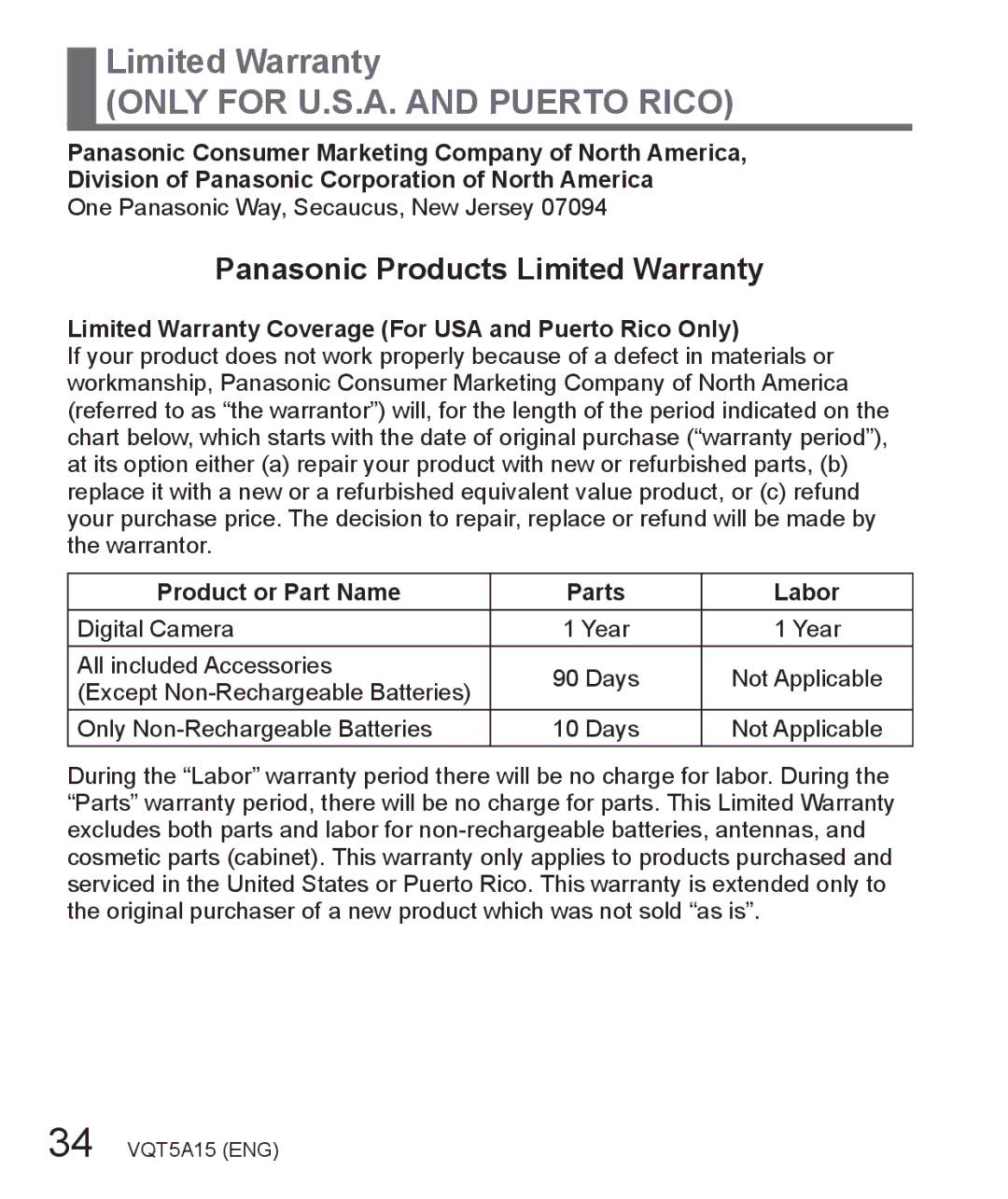 Panasonic DMC-LF1 owner manual Limited Warranty Coverage For USA and Puerto Rico Only, Product or Part Name Parts Labor 