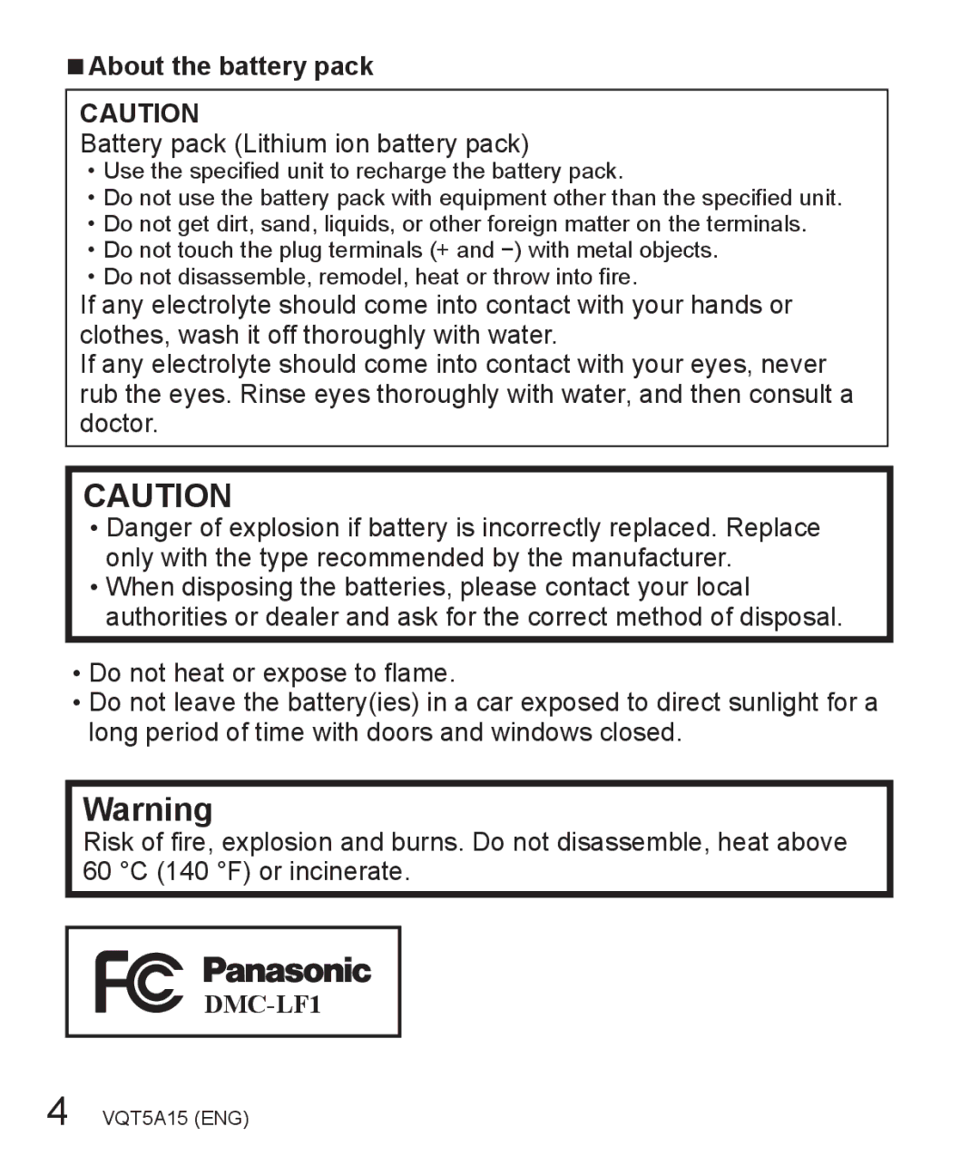 Panasonic DMC-LF1 owner manual About the battery pack, Battery pack Lithium ion battery pack 