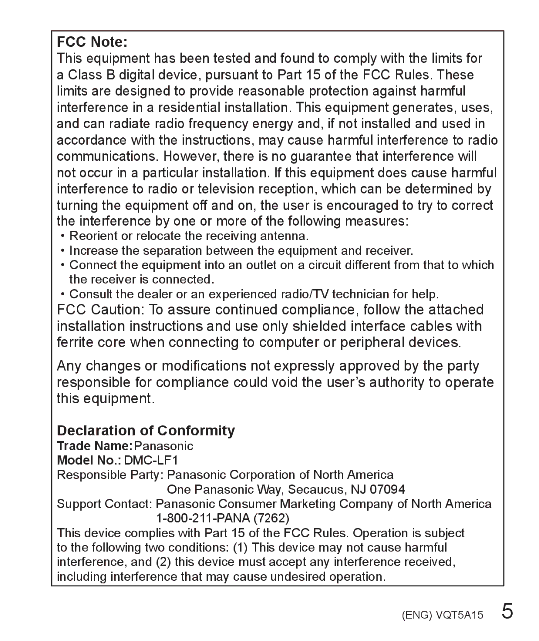 Panasonic owner manual FCC Note, Declaration of Conformity, Trade NamePanasonic Model No. DMC-LF1 