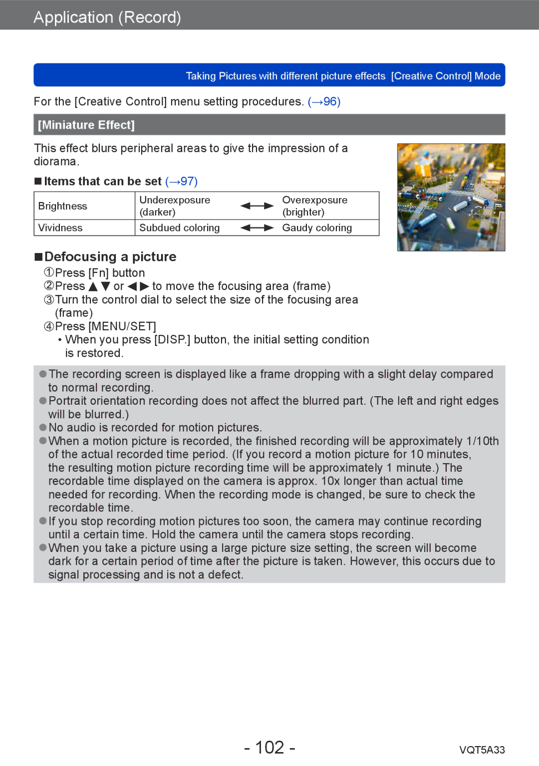 Panasonic DMC-LF1K, DMCLF1W owner manual 102, Defocusing a picture, Miniature Effect 