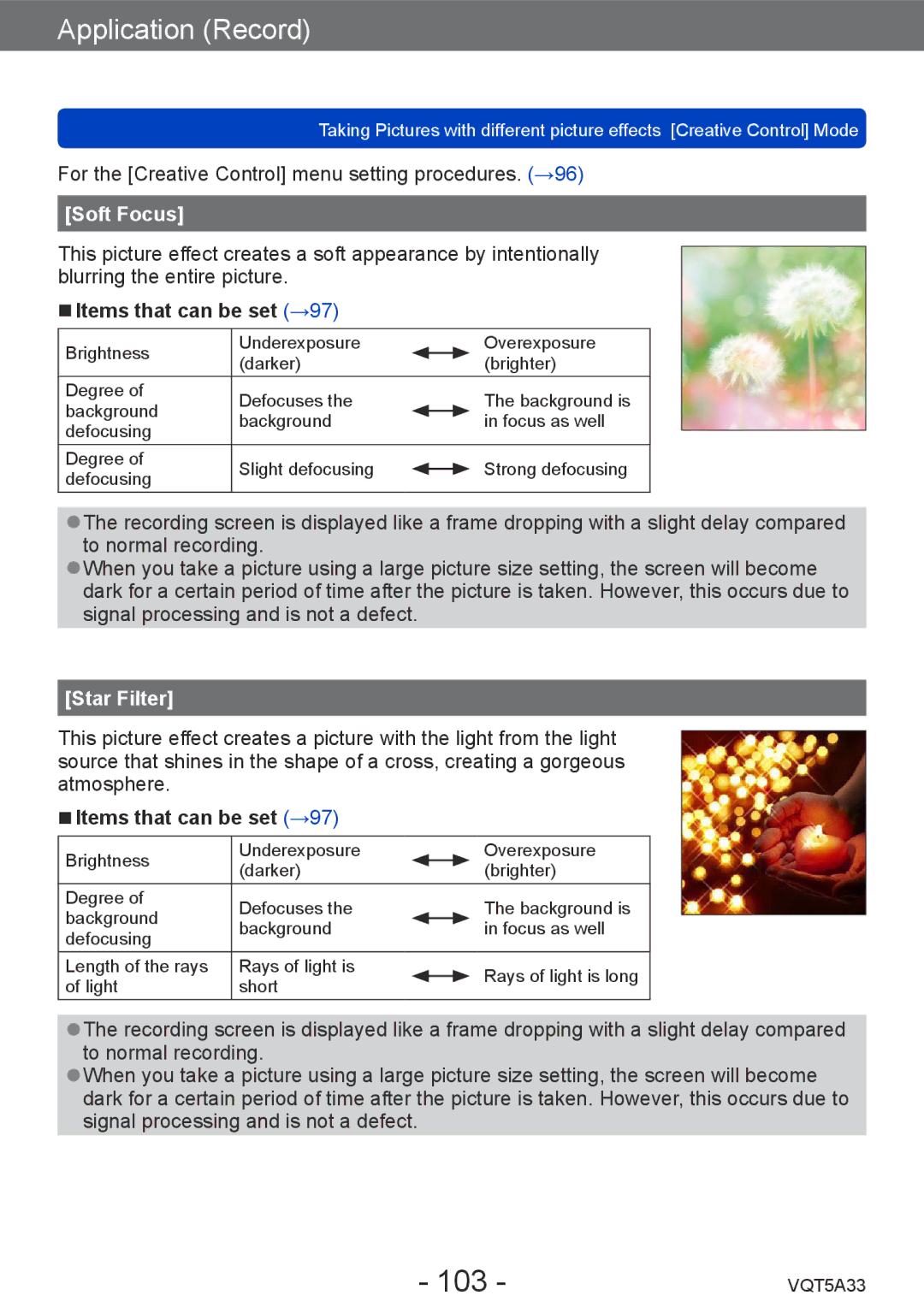 Panasonic DMCLF1W, DMC-LF1K owner manual 103, Soft Focus, Star Filter 