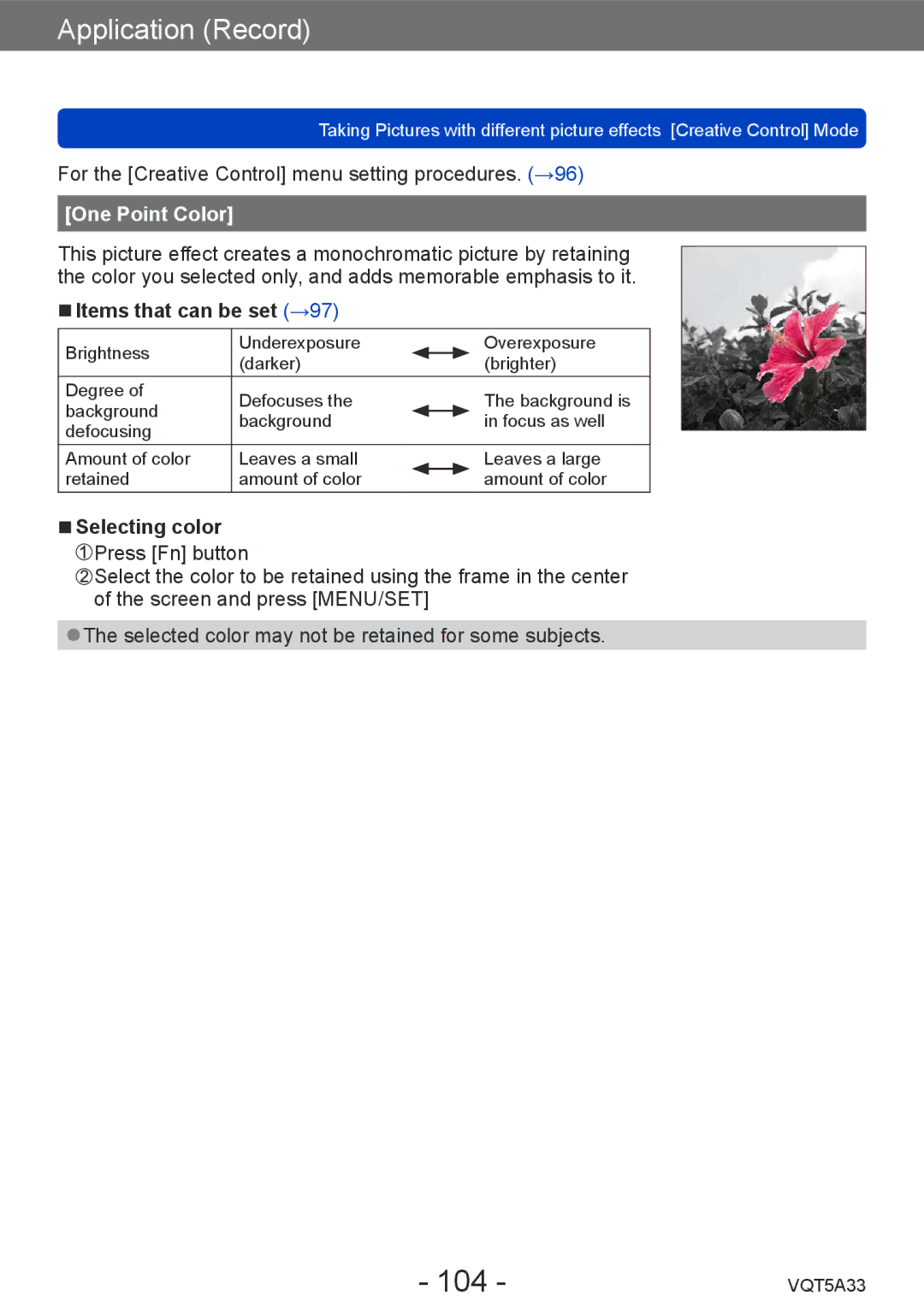 Panasonic DMC-LF1K, DMCLF1W owner manual 104, One Point Color, Selecting color 