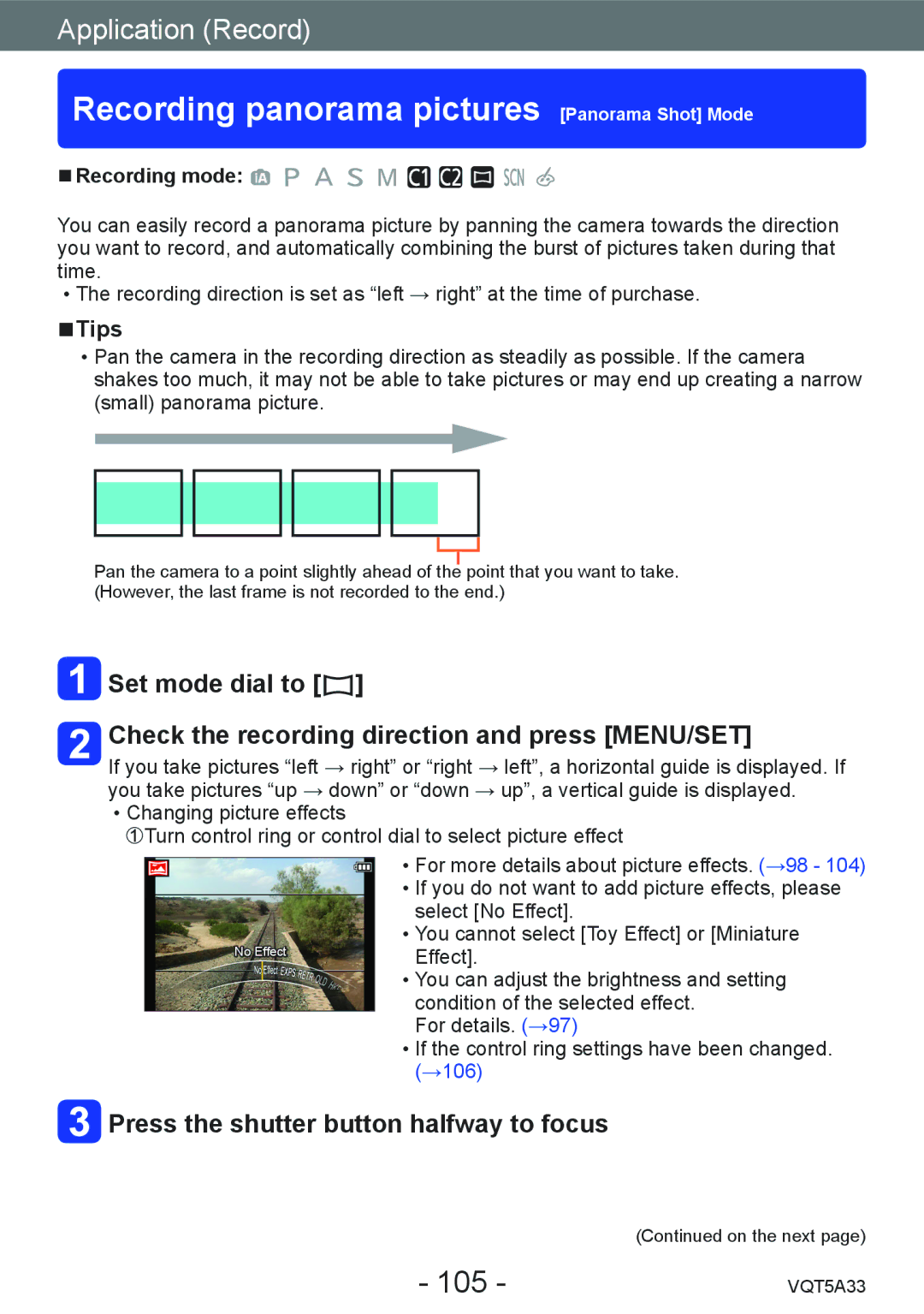 Panasonic DMCLF1W Recording panorama pictures Panorama Shot Mode, 105, Press the shutter button halfway to focus, Tips 