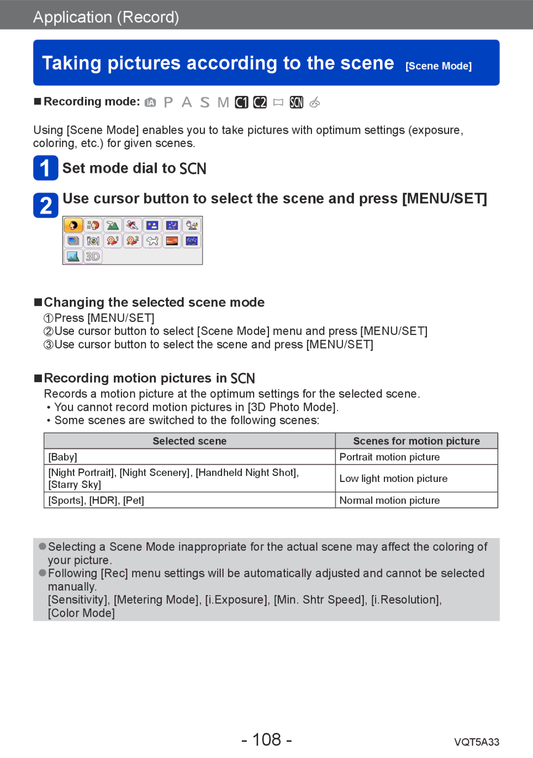 Panasonic DMC-LF1K, DMCLF1W Taking pictures according to the scene Scene Mode, 108, Changing the selected scene mode 