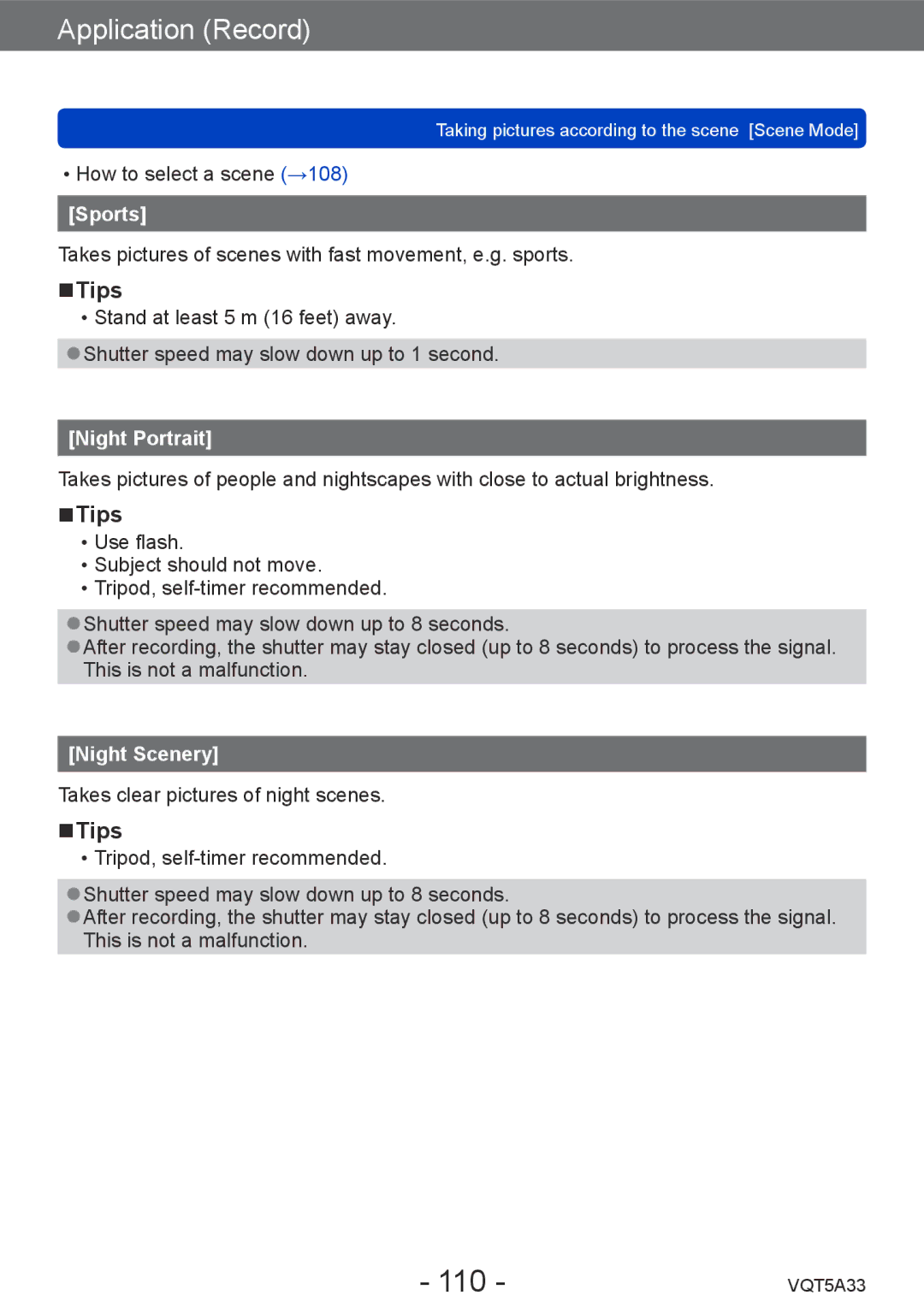 Panasonic DMC-LF1K, DMCLF1W owner manual 110, Sports, Night Portrait, Night Scenery 