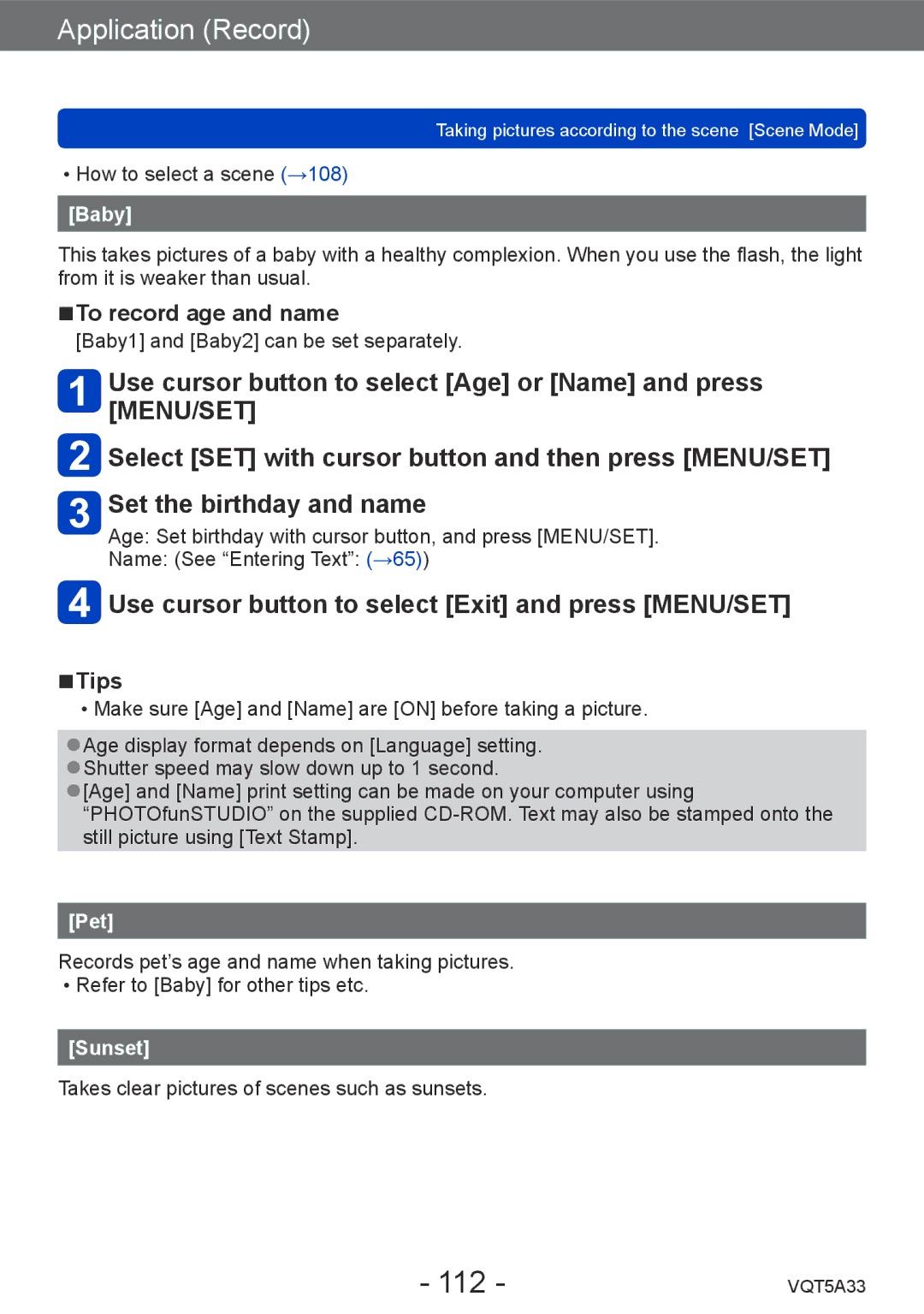 Panasonic DMC-LF1K, DMCLF1W owner manual 112, Use cursor button to select Exit and press MENU/SET, To record age and name 