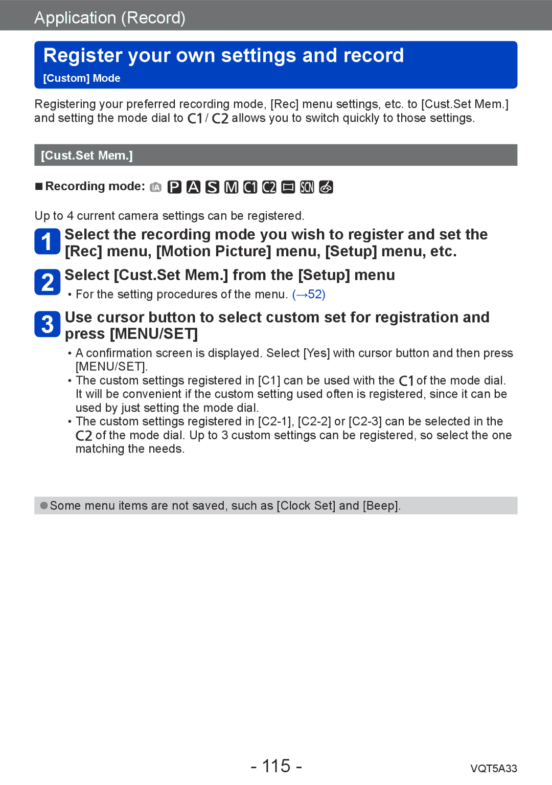 Panasonic DMCLF1W, DMC-LF1K owner manual Register your own settings and record, 115 