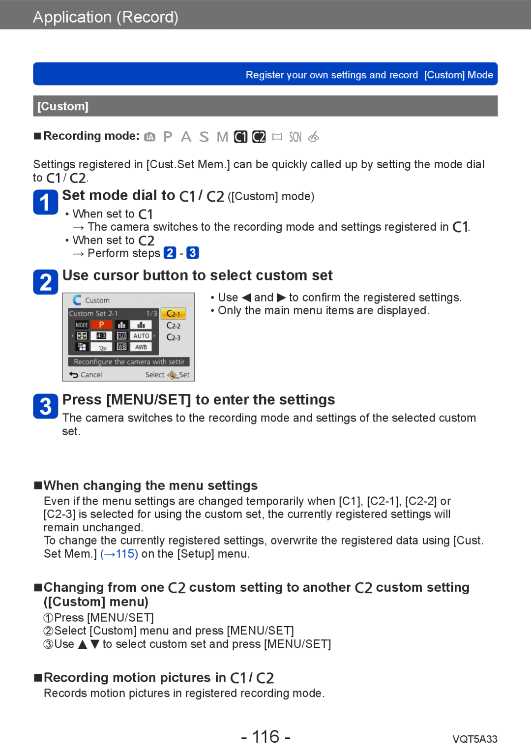 Panasonic DMC-LF1K, DMCLF1W owner manual 116, Set mode dial to / Custom mode, Use cursor button to select custom set 