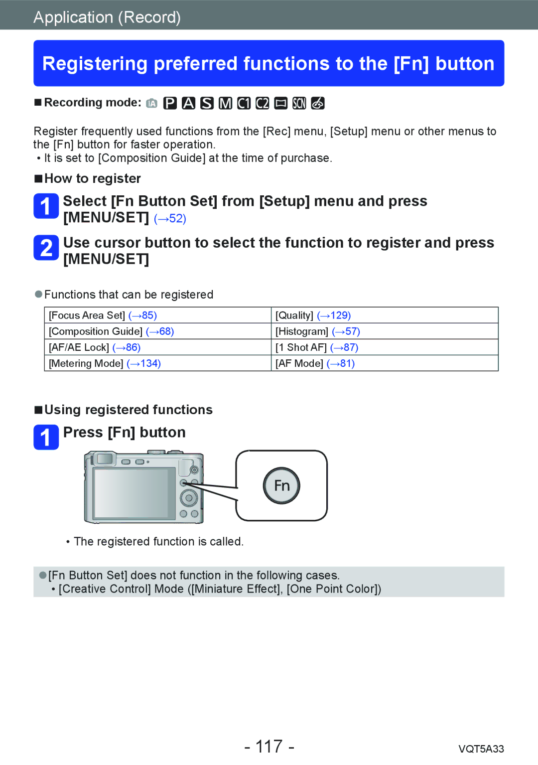 Panasonic DMCLF1W, DMC-LF1K Registering preferred functions to the Fn button, 117, Press Fn button, How to register 