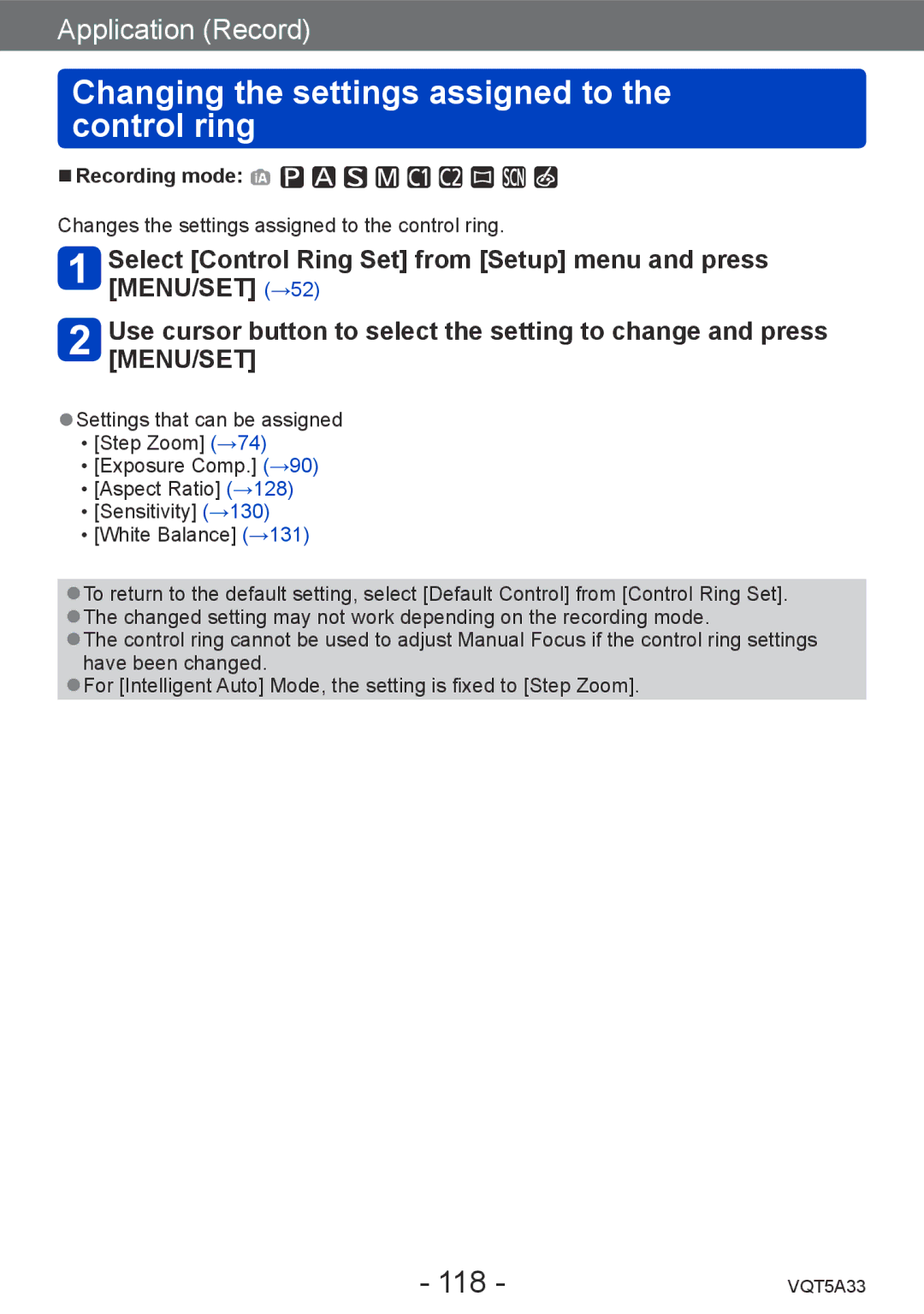 Panasonic DMC-LF1K, DMCLF1W owner manual Changing the settings assigned to the control ring, 118 