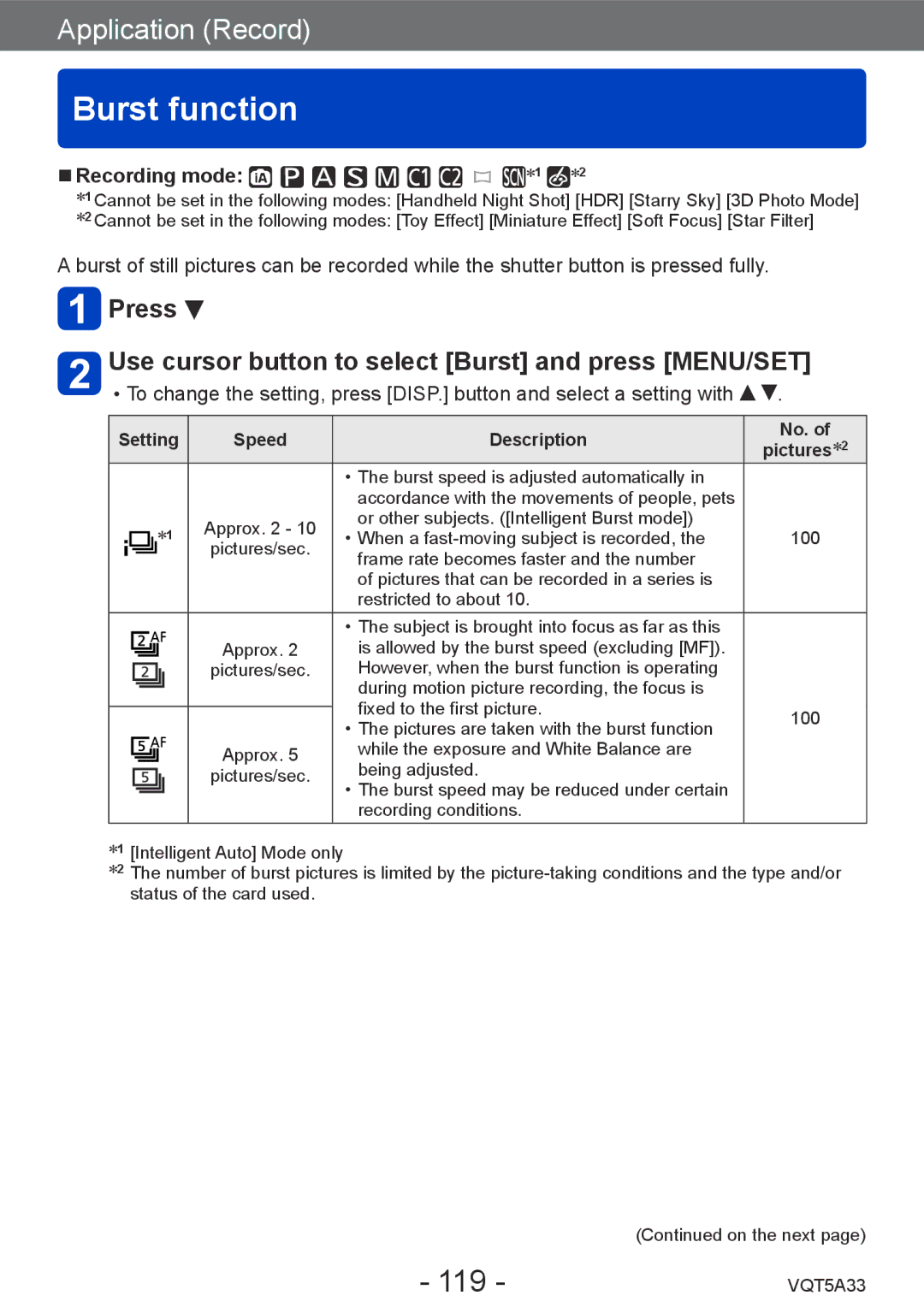 Panasonic DMCLF1W, DMC-LF1K owner manual Burst function, 119, Press Use cursor button to select Burst and press MENU/SET 