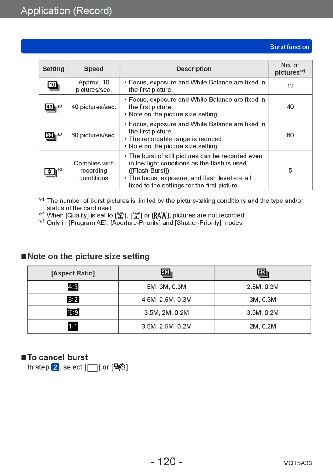 Panasonic DMC-LF1K, DMCLF1W owner manual 120, To cancel burst, Setting Speed Description, Aspect Ratio 