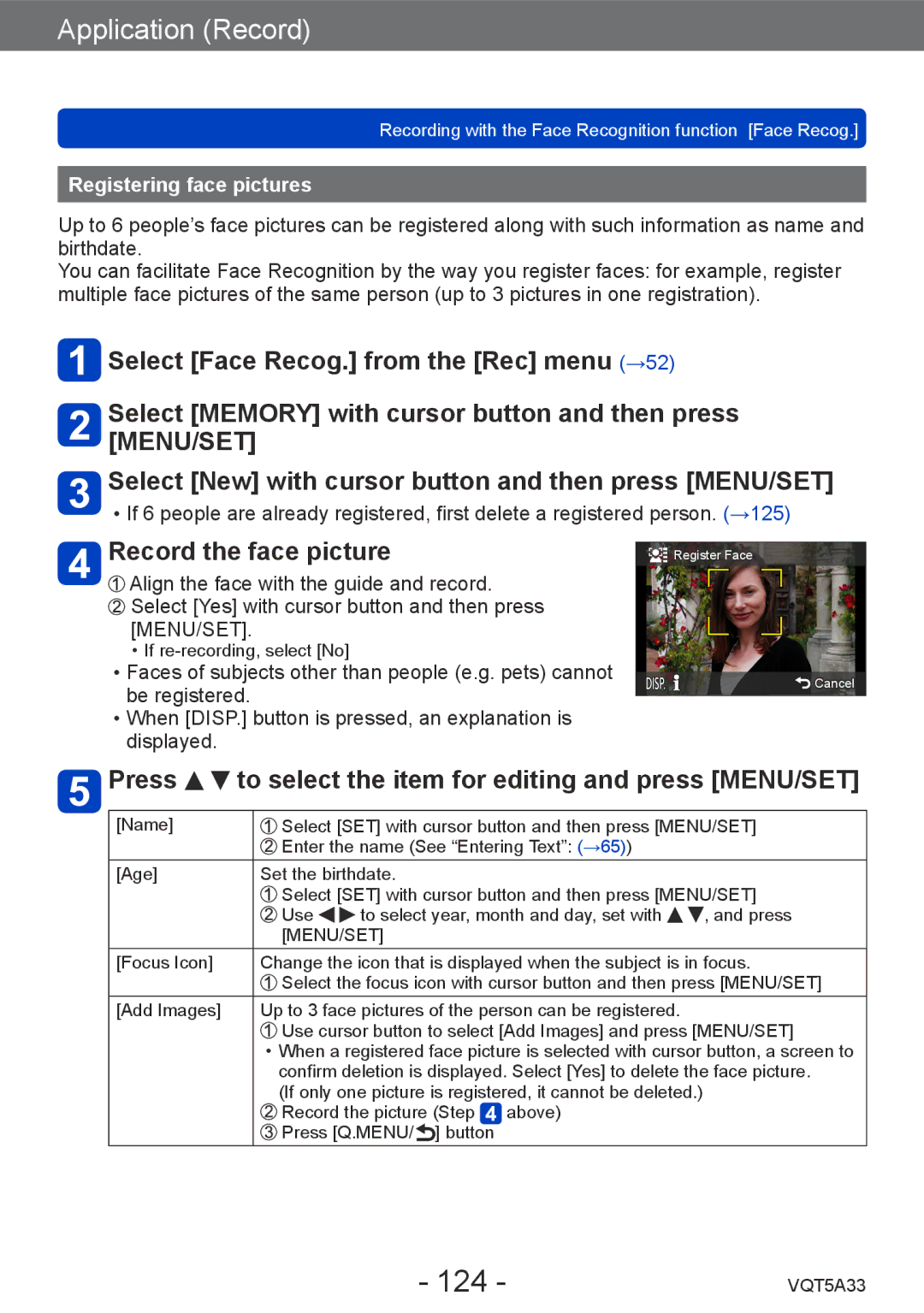 Panasonic DMC-LF1K, DMCLF1W 124, Record the face picture, Press to select the item for editing and press MENU/SET 