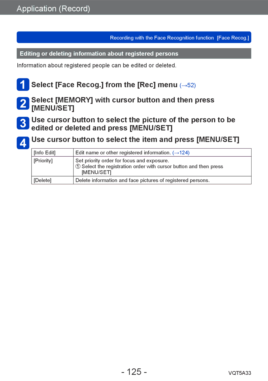 Panasonic DMCLF1W, DMC-LF1K owner manual 125, Editing or deleting information about registered persons 